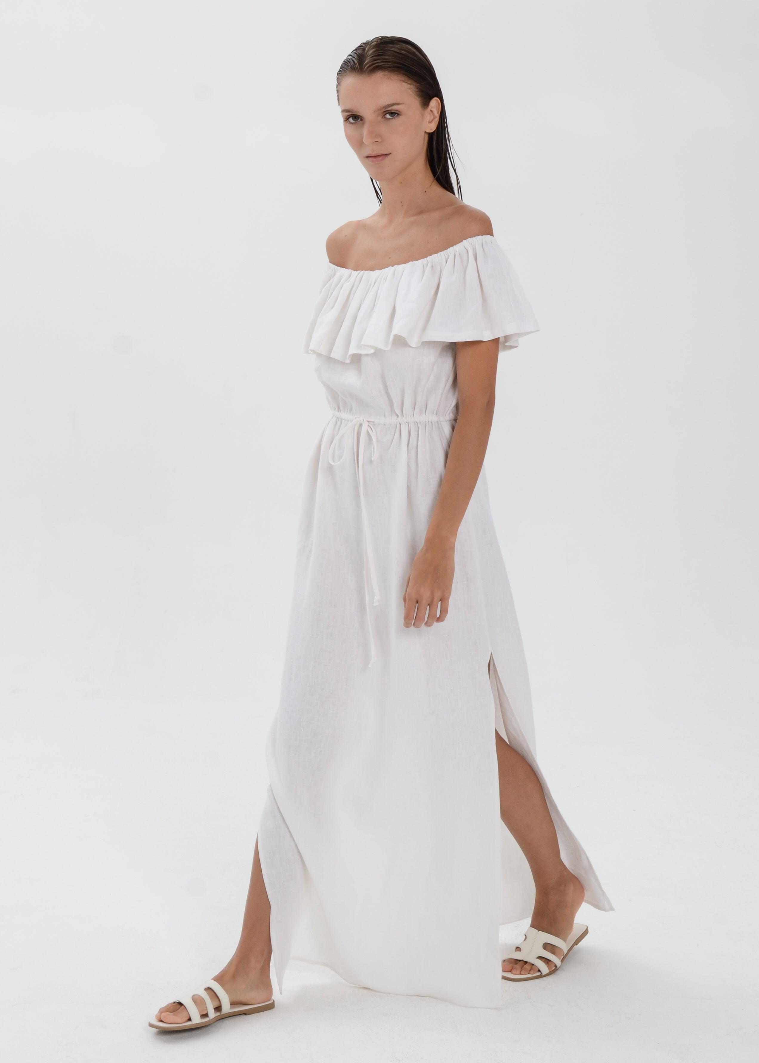 The Essence Linen Dress -  Off Shoulder Drawstring Waist Dress with Ruffle Detail