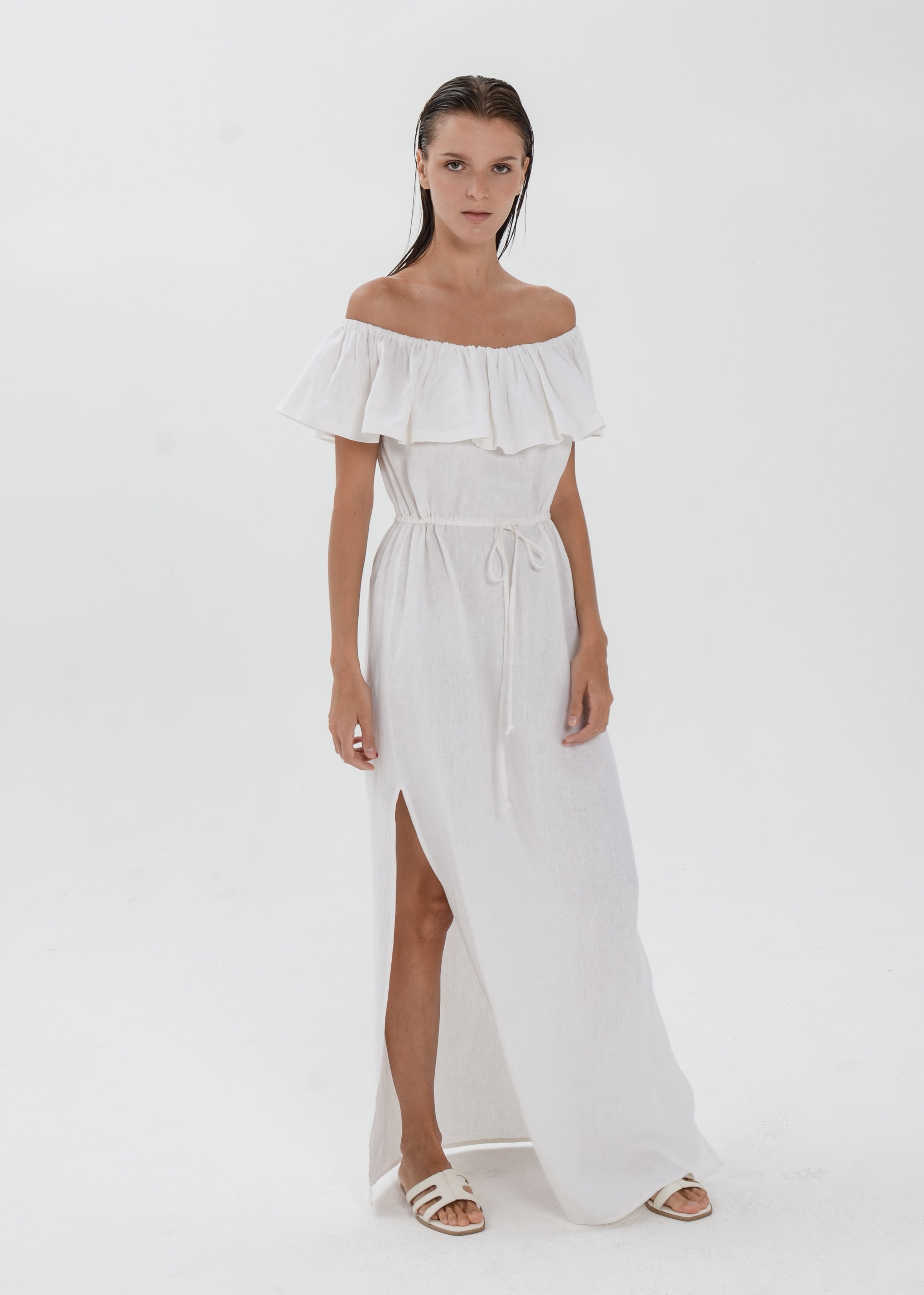 The Essence Linen Dress -  Off Shoulder Drawstring Waist Dress with Ruffle Detail