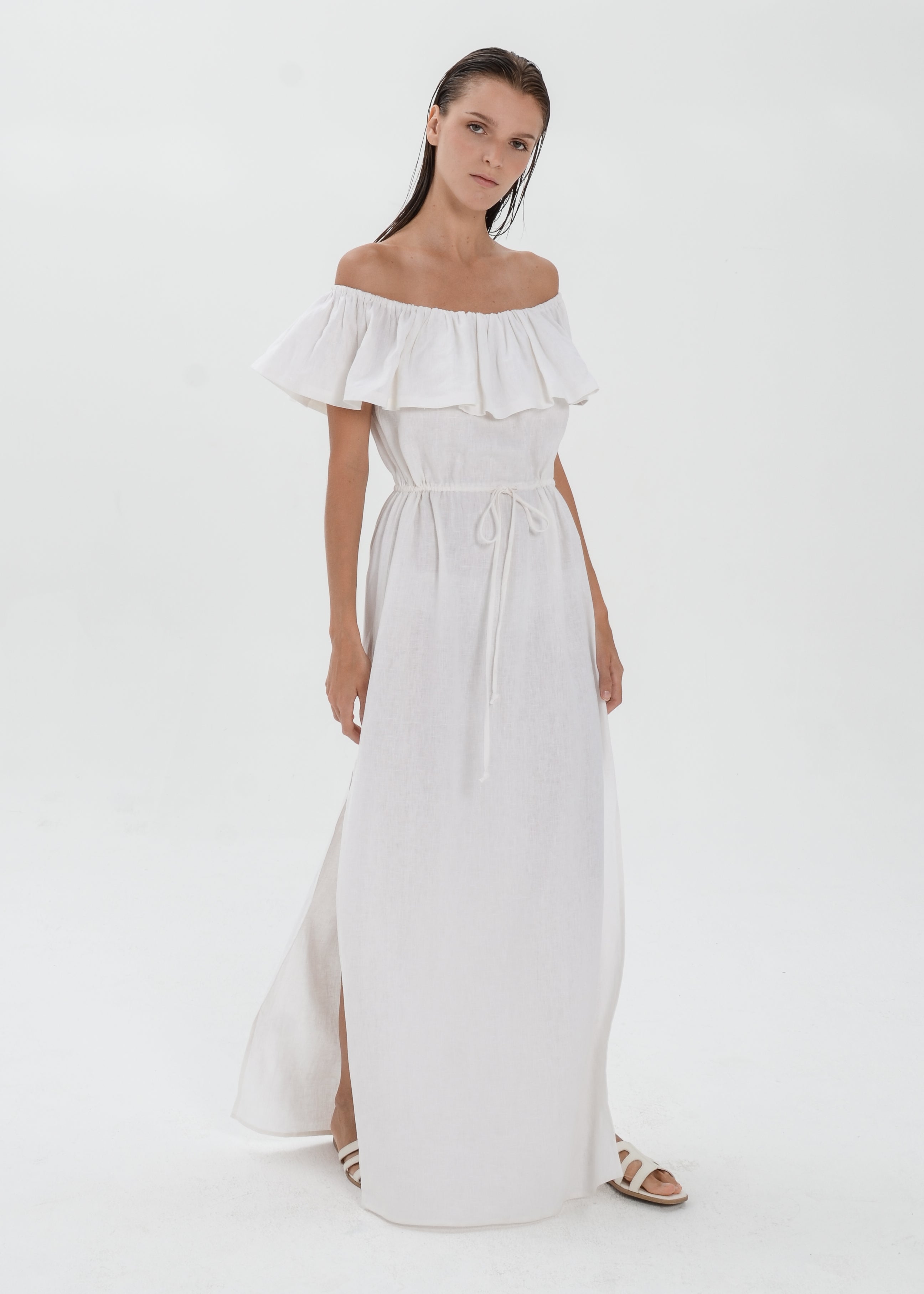 The Essence Linen Dress -  Off Shoulder Drawstring Waist Dress with Ruffle Detail