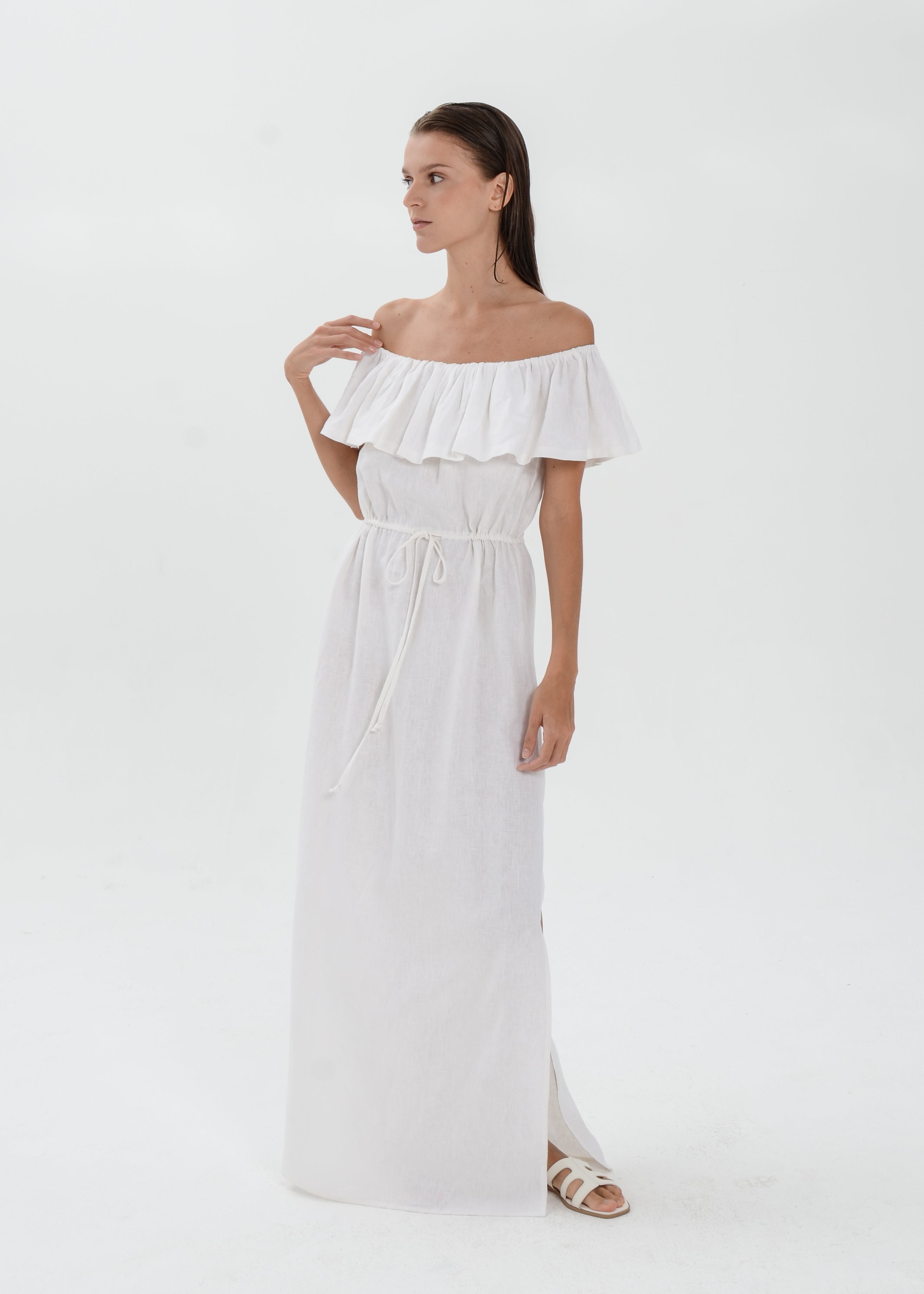 The Essence Linen Dress -  Off Shoulder Drawstring Waist Dress with Ruffle Detail