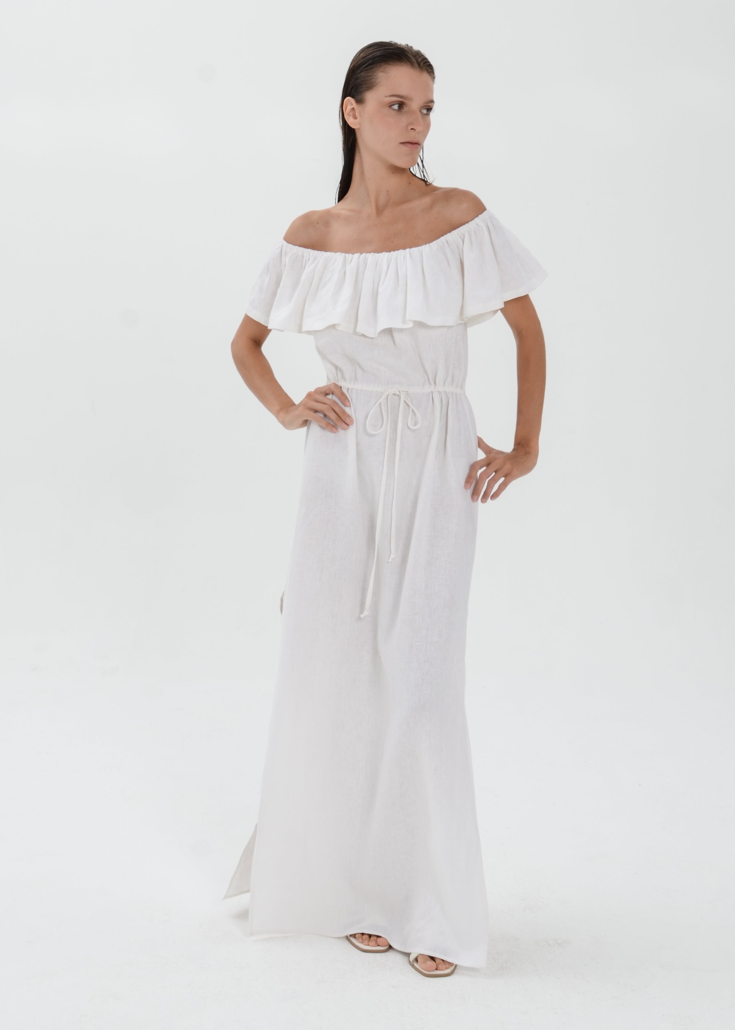 The Essence Linen Dress -  Off Shoulder Drawstring Waist Dress with Ruffle Detail