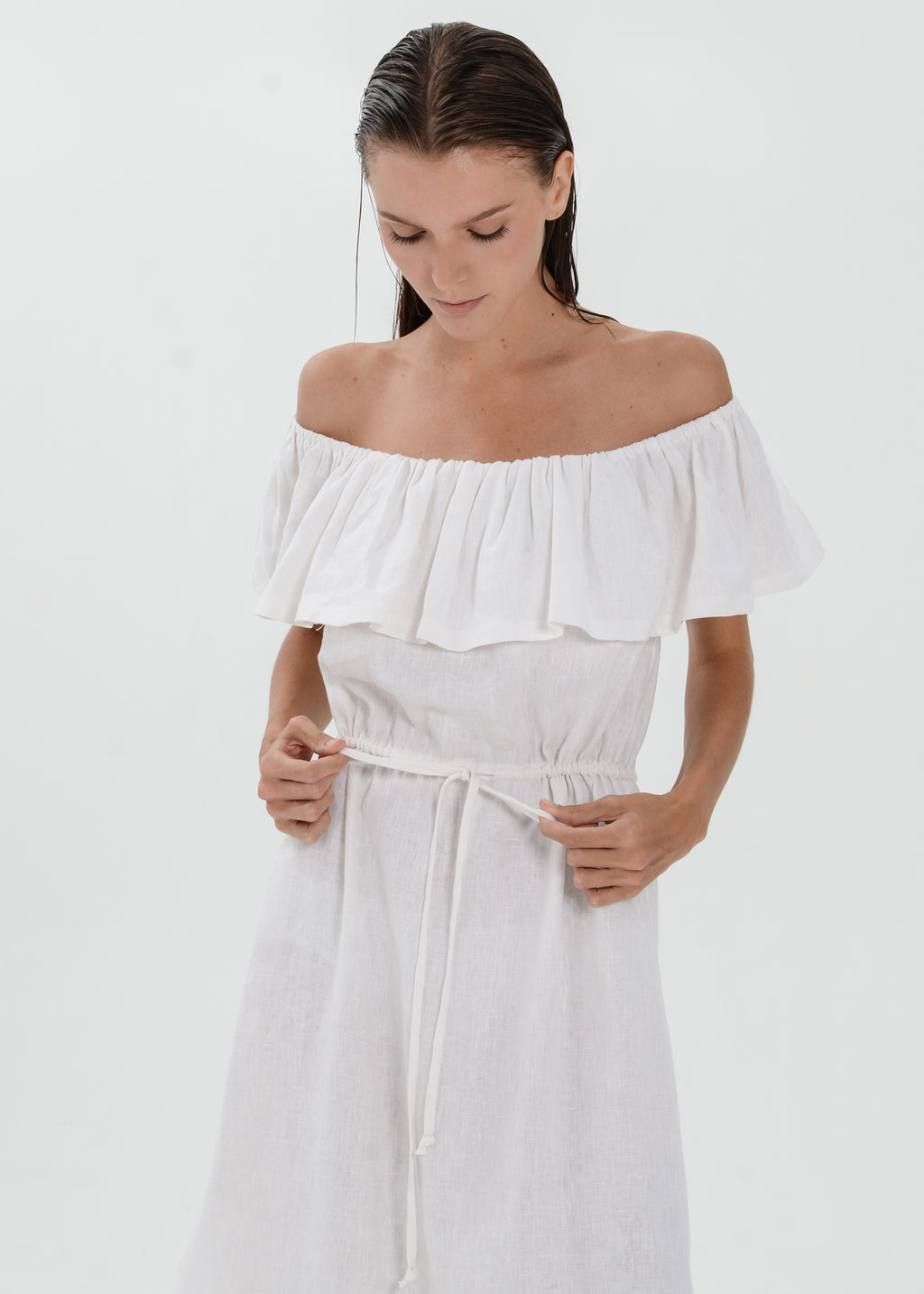 The Essence Linen Dress -  Off Shoulder Drawstring Waist Dress with Ruffle Detail