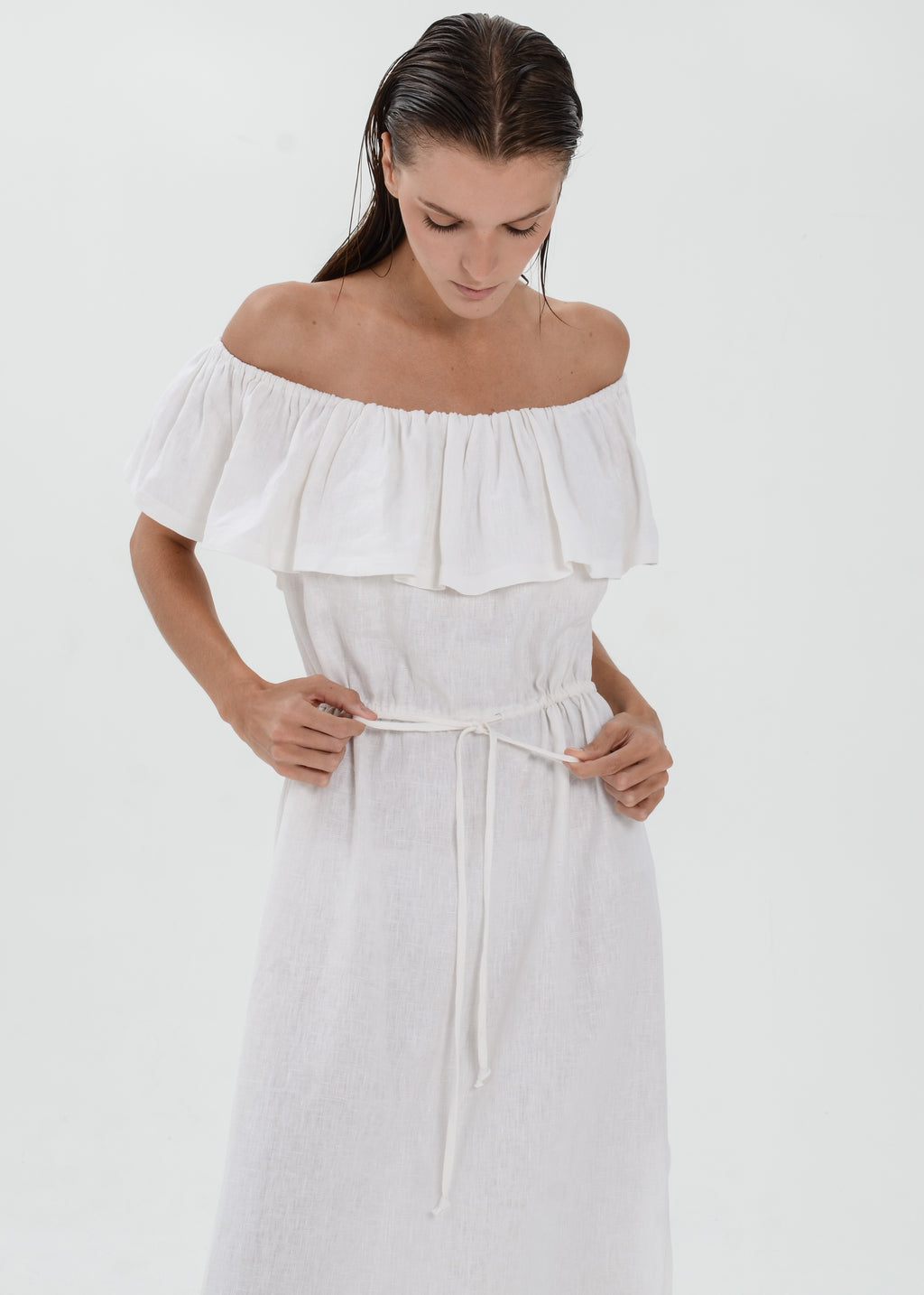 The Essence Linen Dress -  Off Shoulder Drawstring Waist Dress with Ruffle Detail