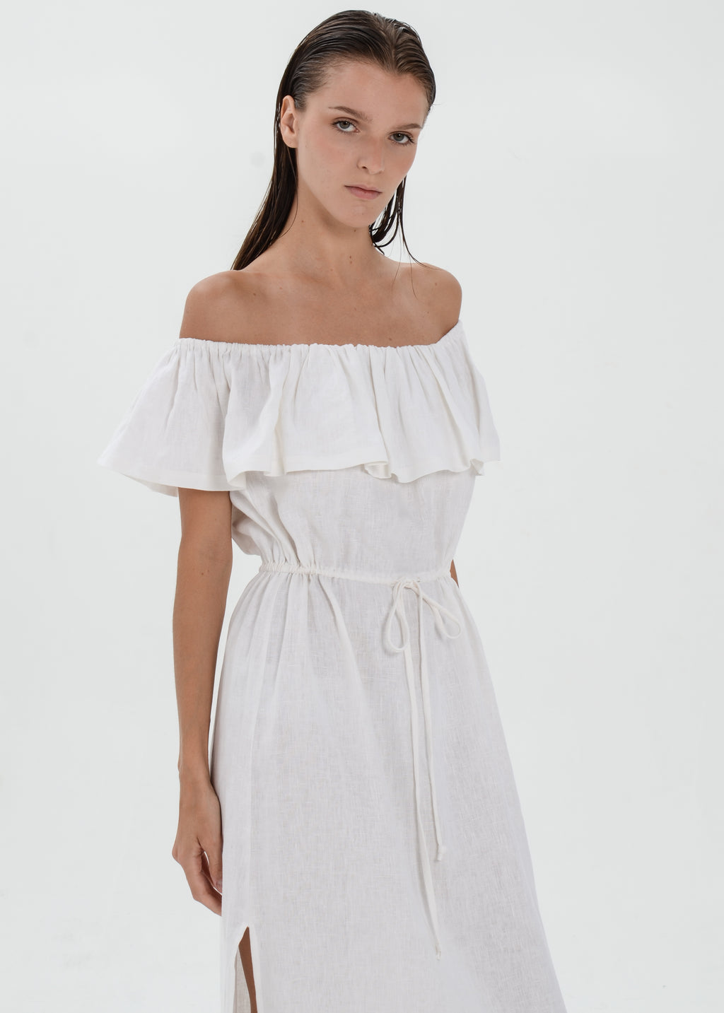 The Essence Linen Dress -  Off Shoulder Drawstring Waist Dress with Ruffle Detail