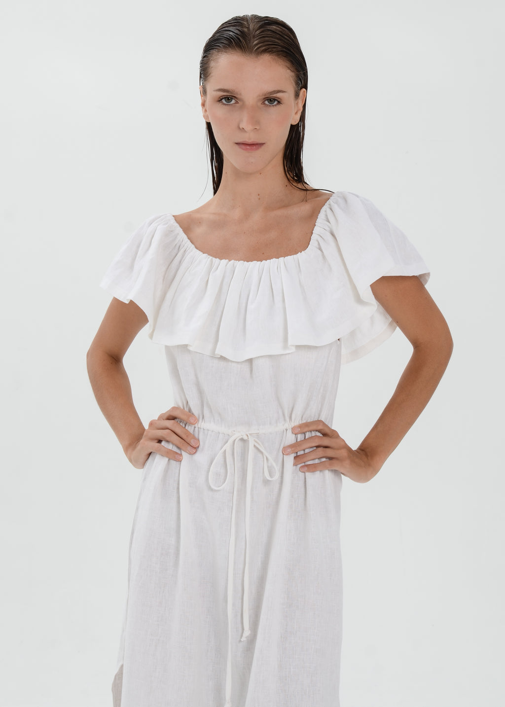 The Essence Linen Dress -  Off Shoulder Drawstring Waist Dress with Ruffle Detail