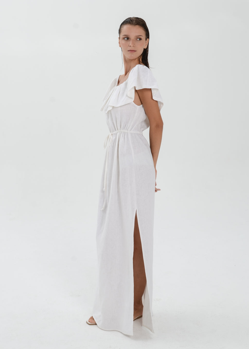 The Essence Linen Dress -  Off Shoulder Drawstring Waist Dress with Ruffle Detail