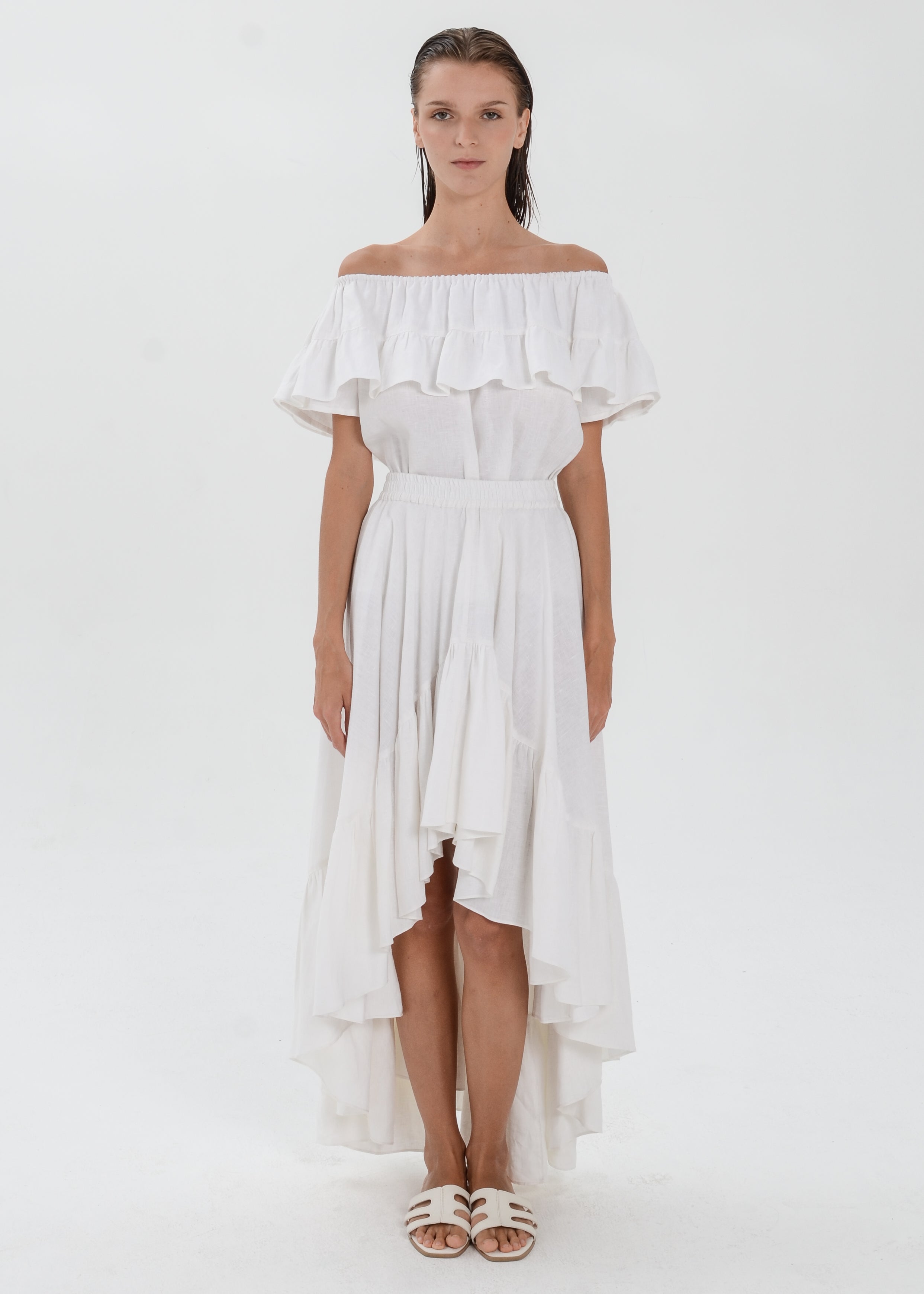 The Essence Linen Set - Mullet Skirt and Ruffle Off Shoulder Blouse
