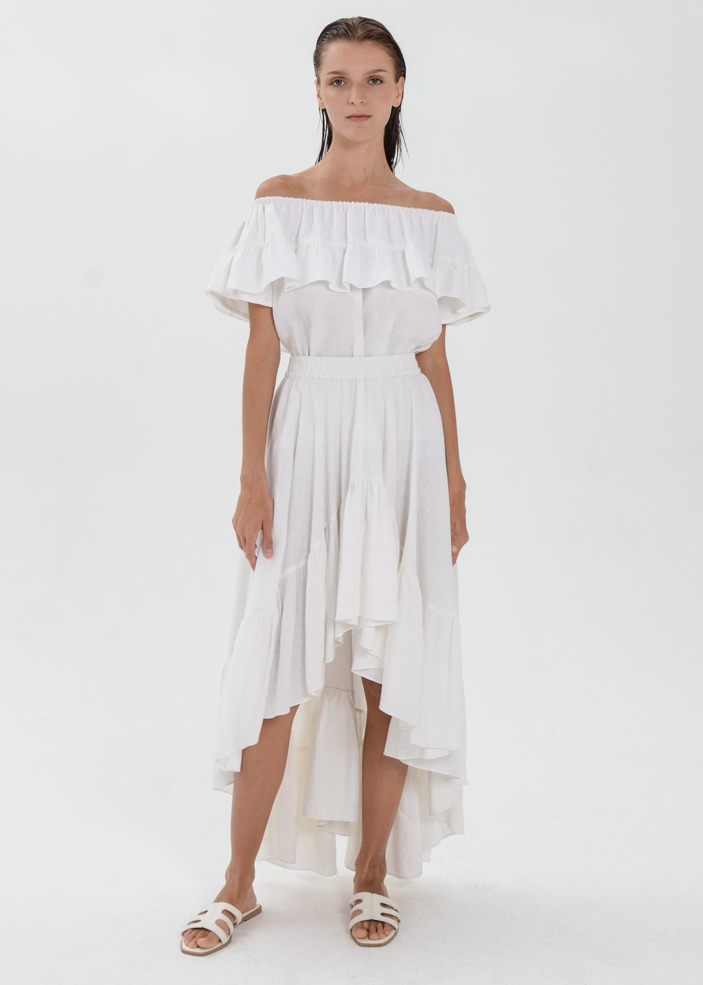 The Essence Linen Set - Mullet Skirt and Ruffle Off Shoulder Blouse