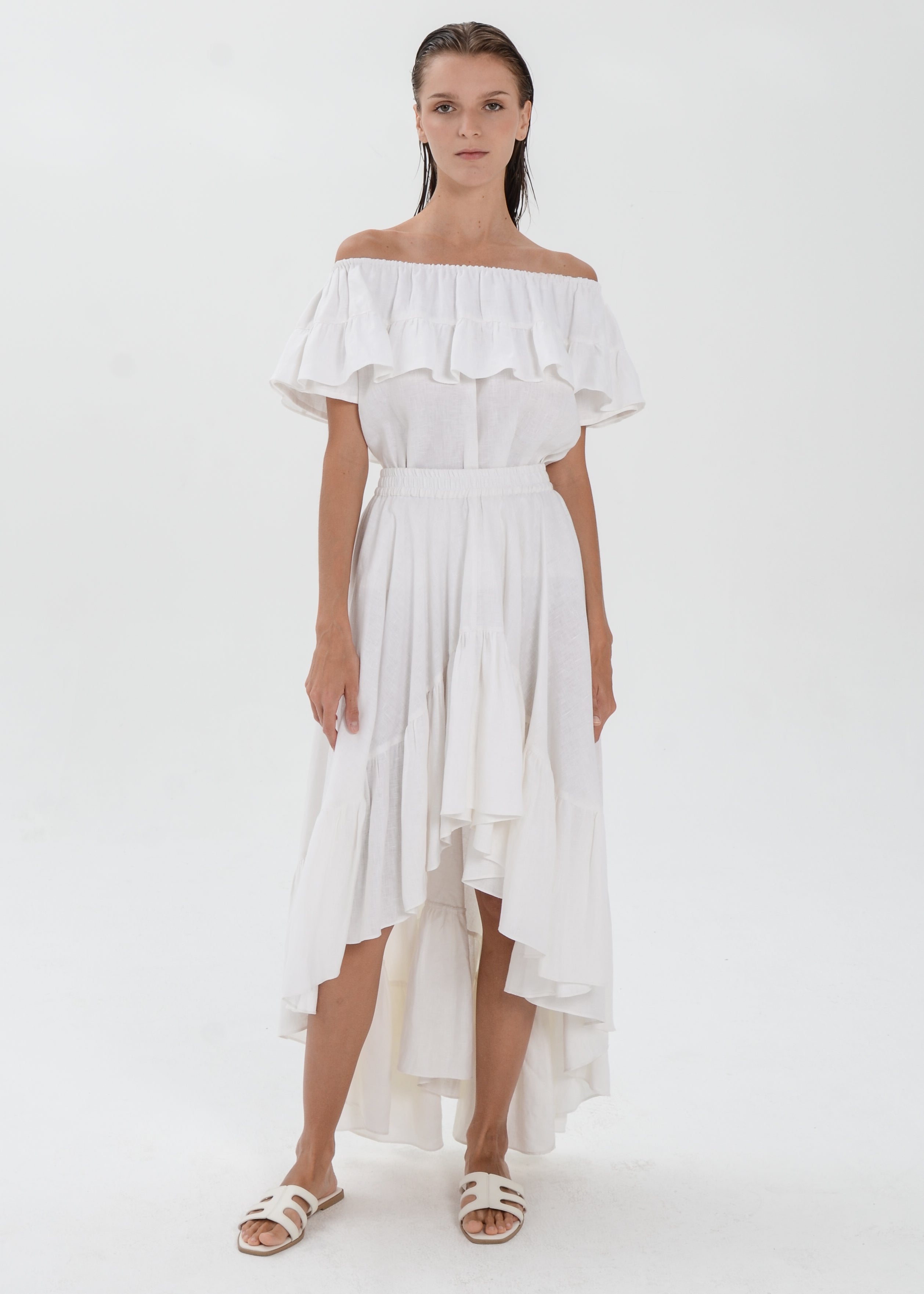 The Essence Linen Set - Mullet Skirt and Ruffle Off Shoulder Blouse