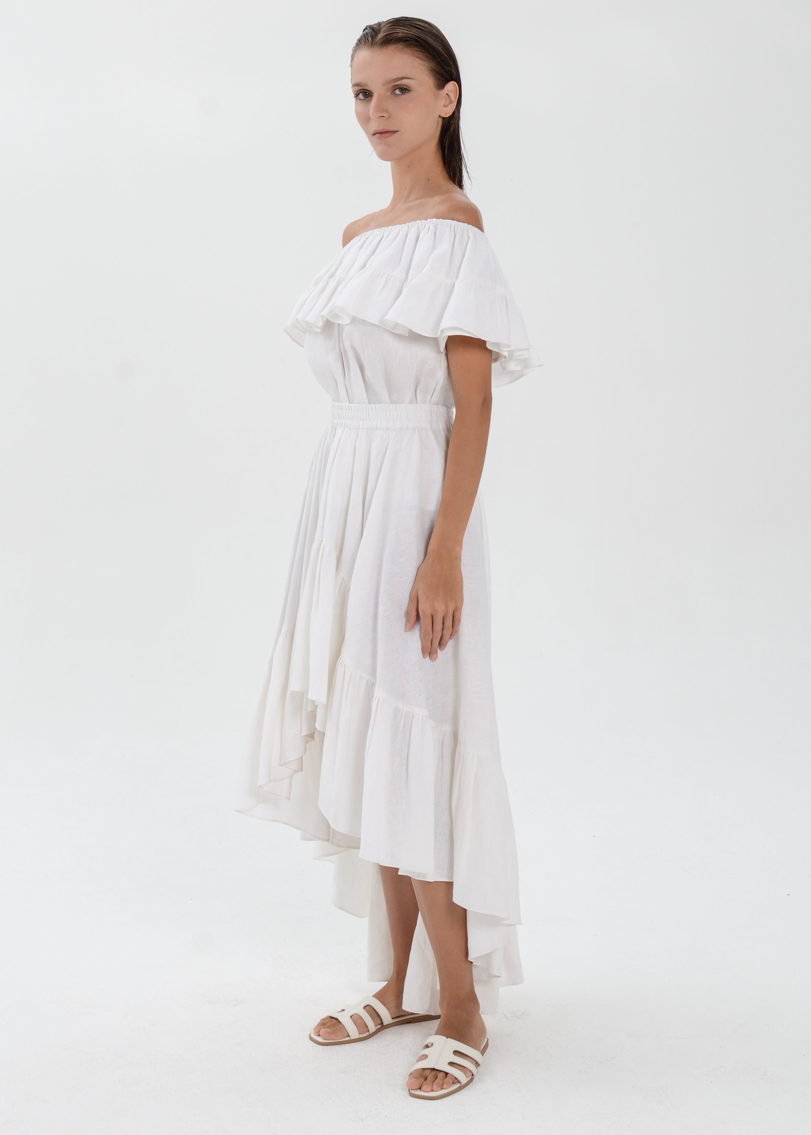 The Essence Linen Set - Mullet Skirt and Ruffle Off Shoulder Blouse