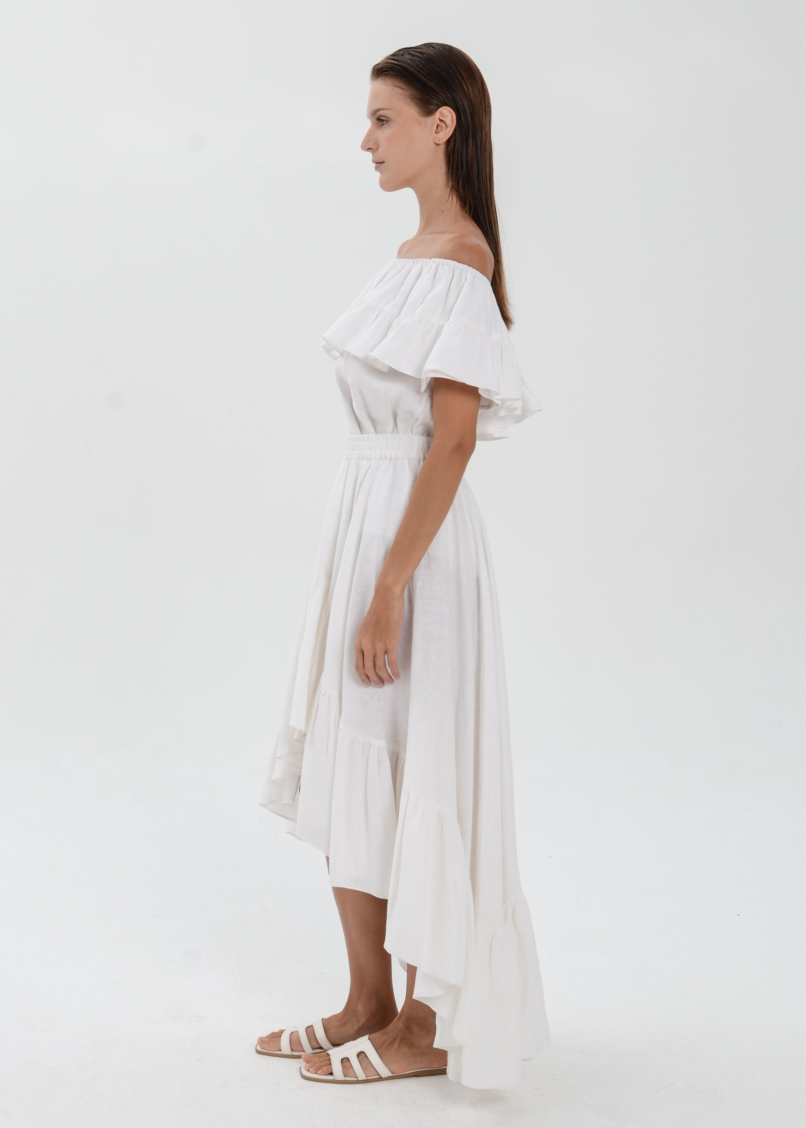 The Essence Linen Set - Mullet Skirt and Ruffle Off Shoulder Blouse