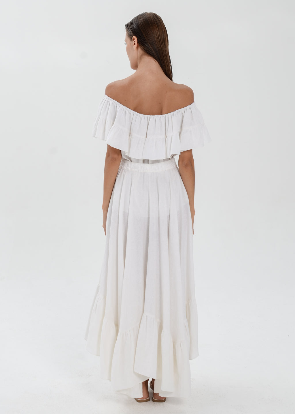 The Essence Linen Set - Mullet Skirt and Ruffle Off Shoulder Blouse
