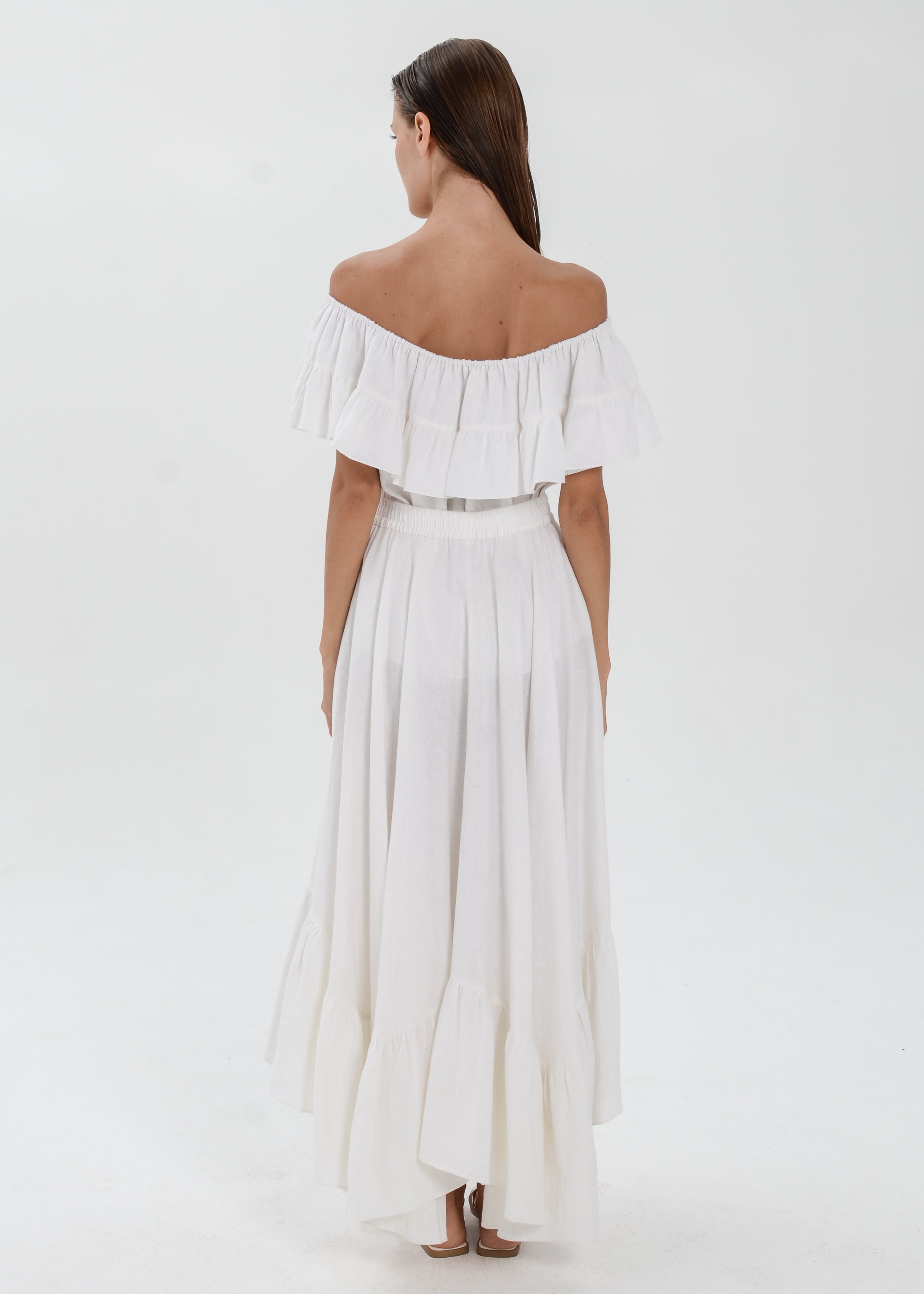 The Essence Linen Set - Mullet Skirt and Ruffle Off Shoulder Blouse