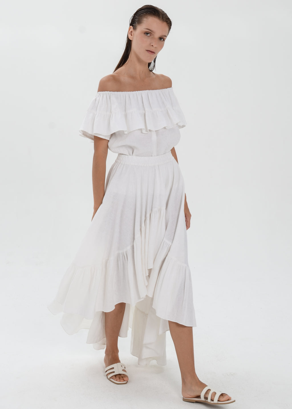 The Essence Linen Set - Mullet Skirt and Ruffle Off Shoulder Blouse