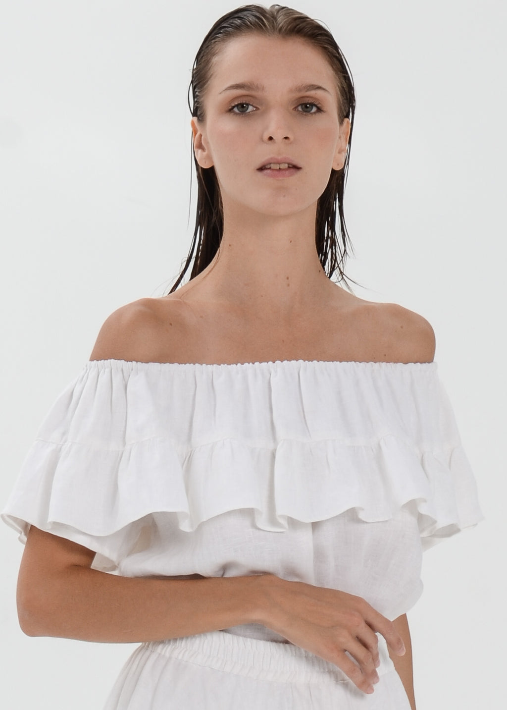 The Essence Linen Top - Ruffle Off Shoulder Blouse