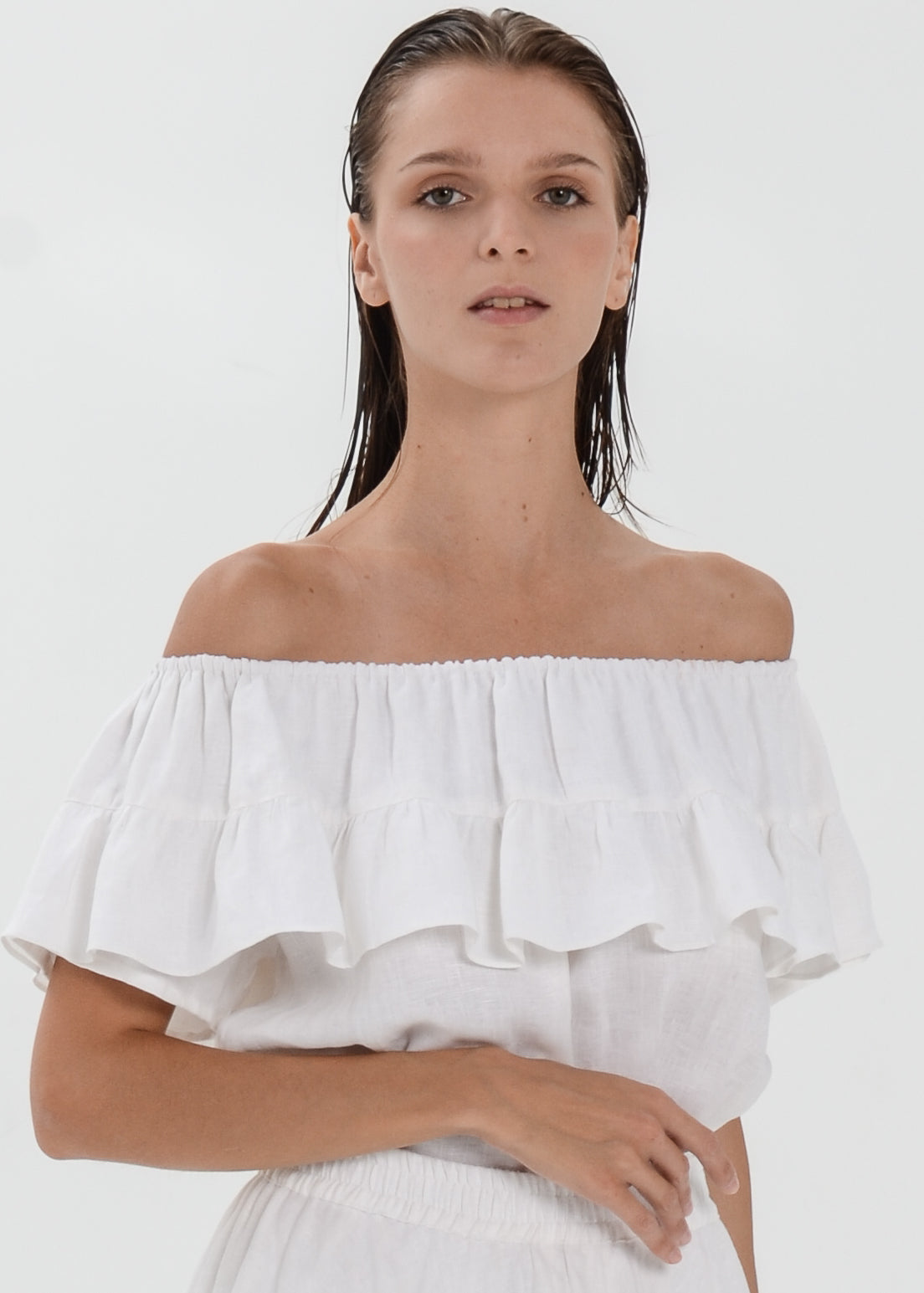 The Essence Linen Top - Ruffle Off Shoulder Blouse