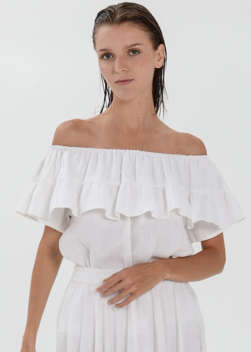 The Essence Linen Top - Ruffle Off Shoulder Blouse