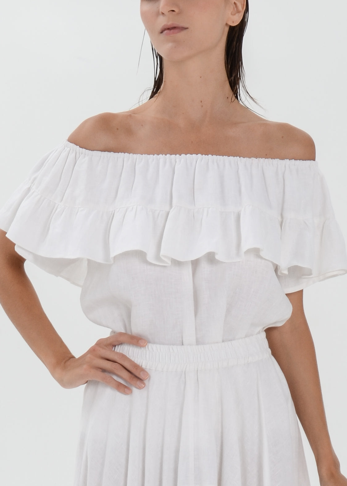 The Essence Linen Top - Ruffle Off Shoulder Blouse