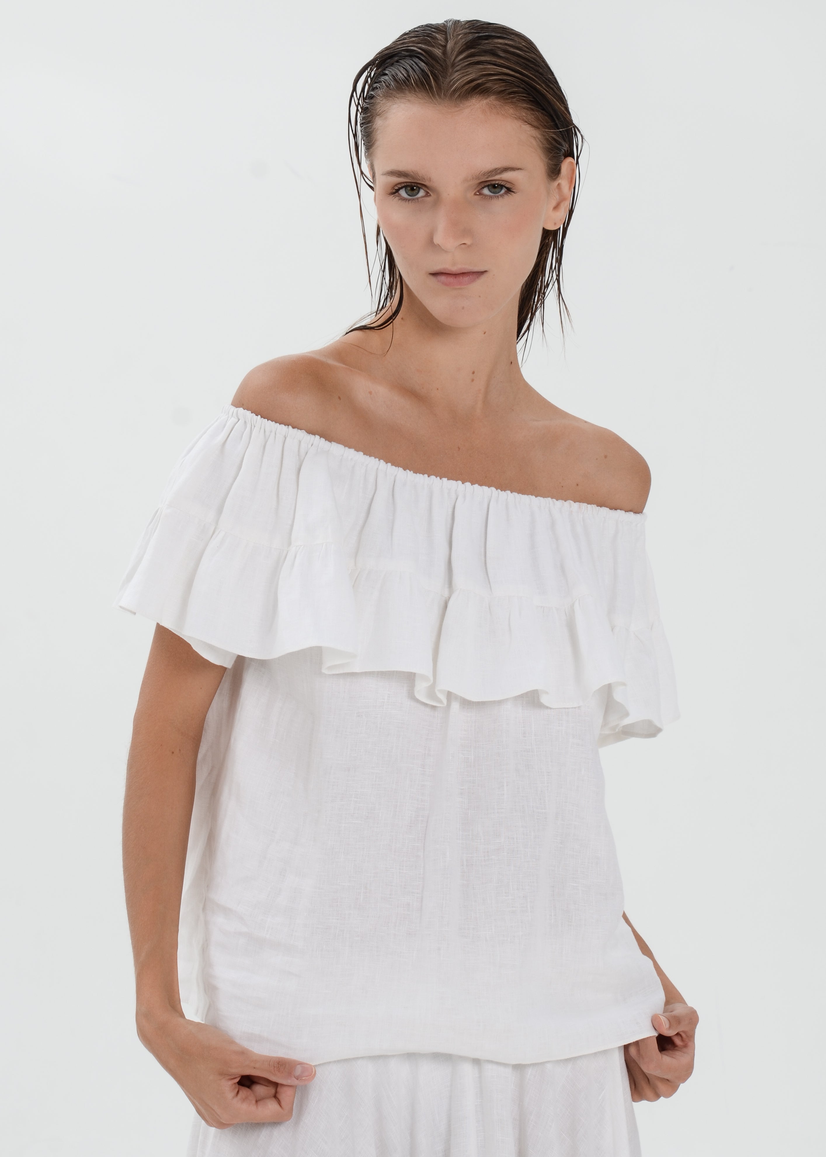 The Essence Linen Set - Mullet Skirt and Ruffle Off Shoulder Blouse