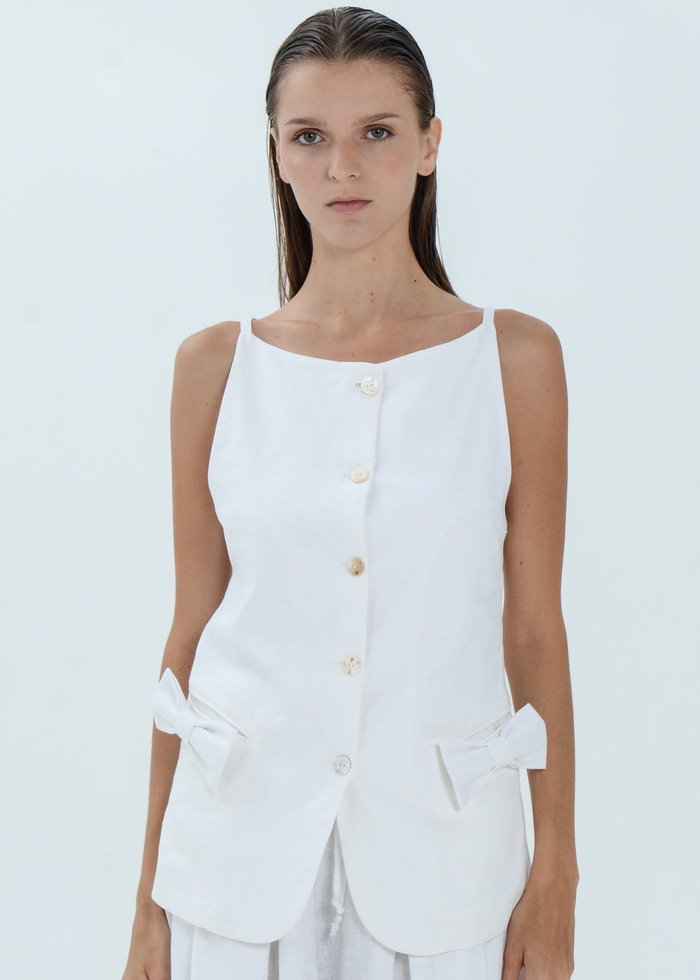 The Essence Linen Top - Ribbon Pocket Vest