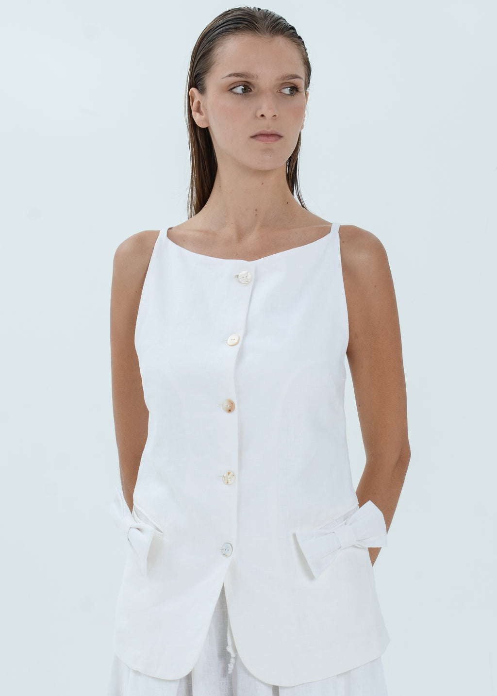 The Essence Linen Top - Ribbon Pocket Vest