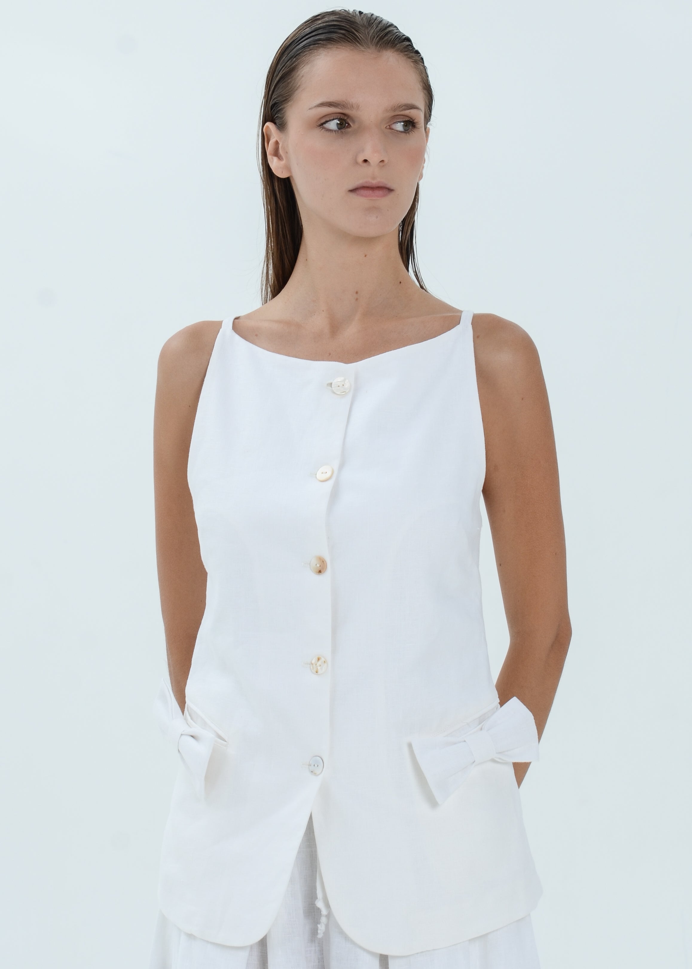 The Essence Linen Top - Ribbon Pocket Vest