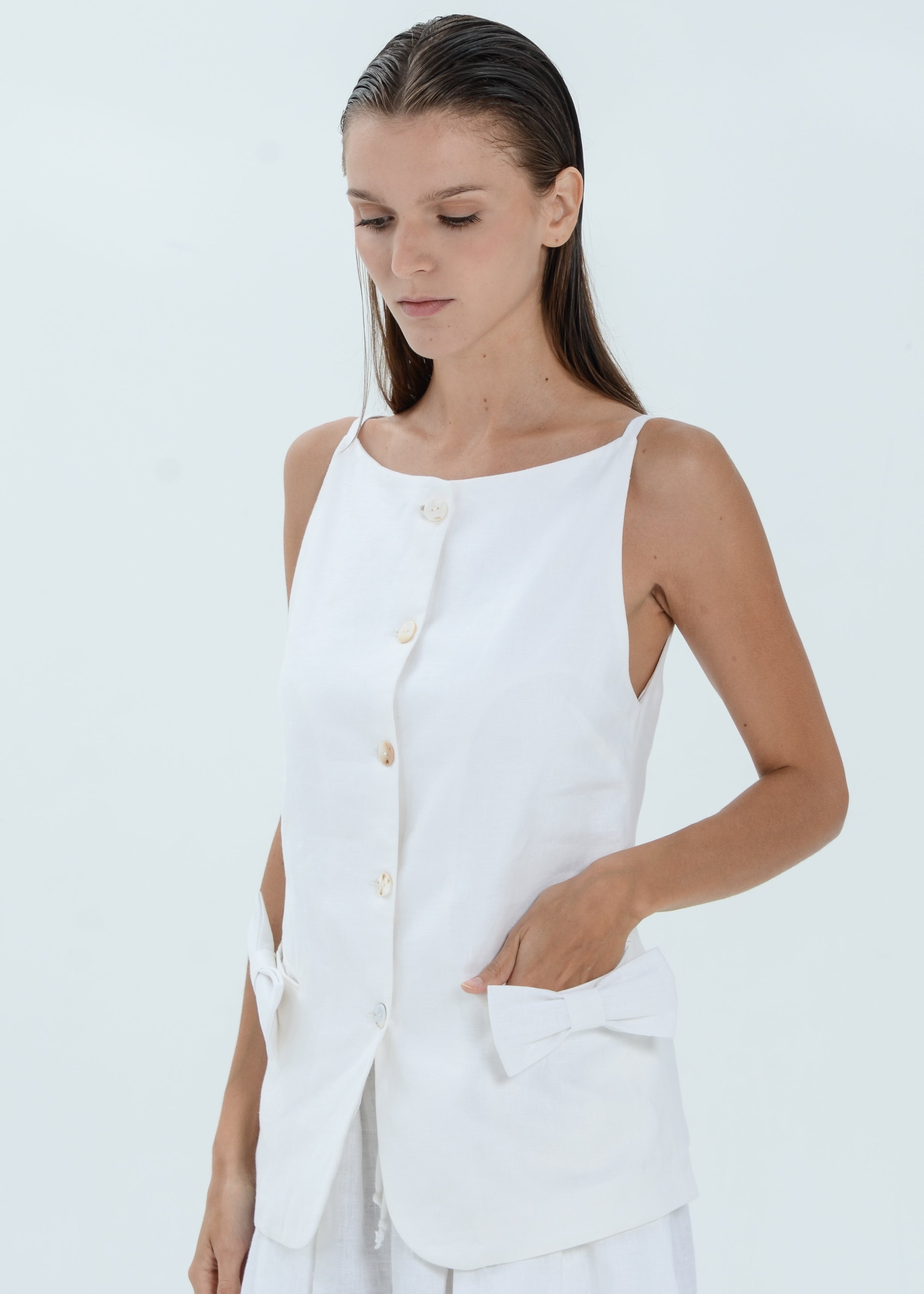 The Essence Linen Top - Ribbon Pocket Vest