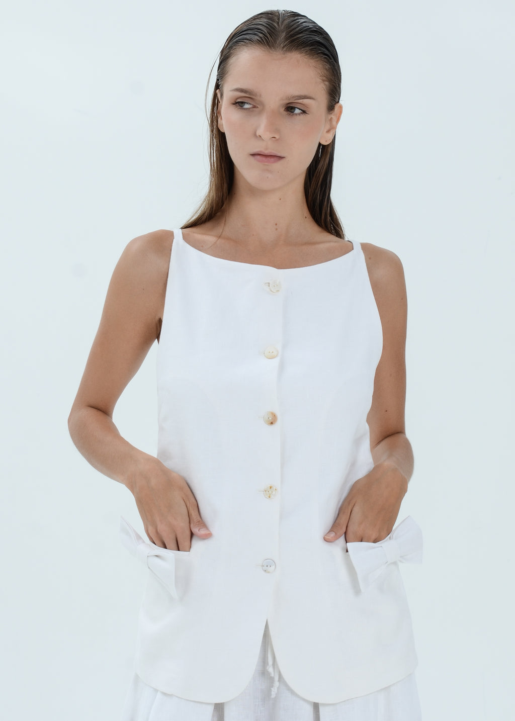 The Essence Linen Top - Ribbon Pocket Vest