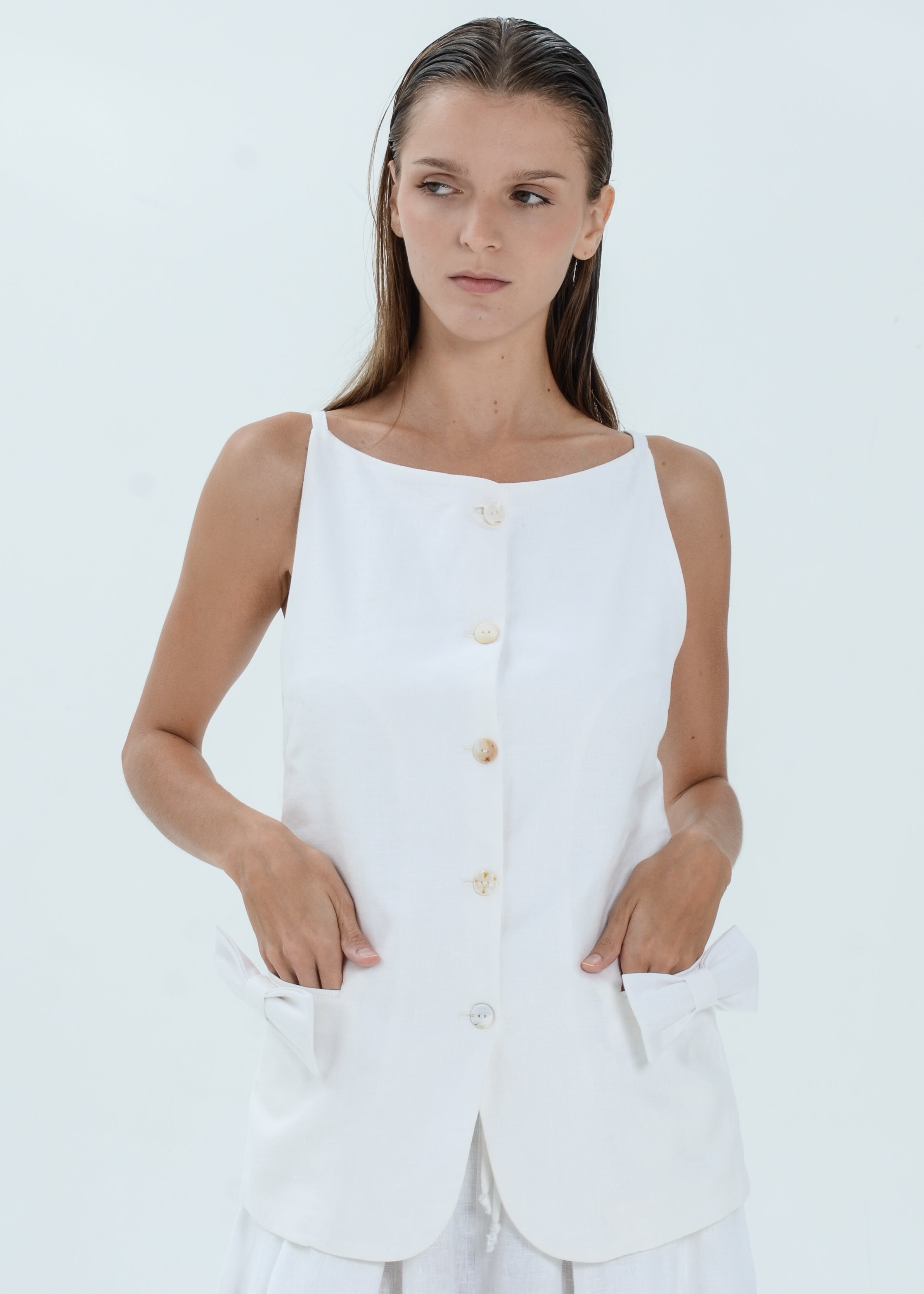 The Essence Linen Top - Ribbon Pocket Vest