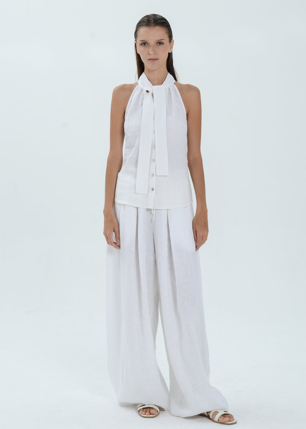 The Essence Linen Top - Button Front Top with Neck Ribbon Tie