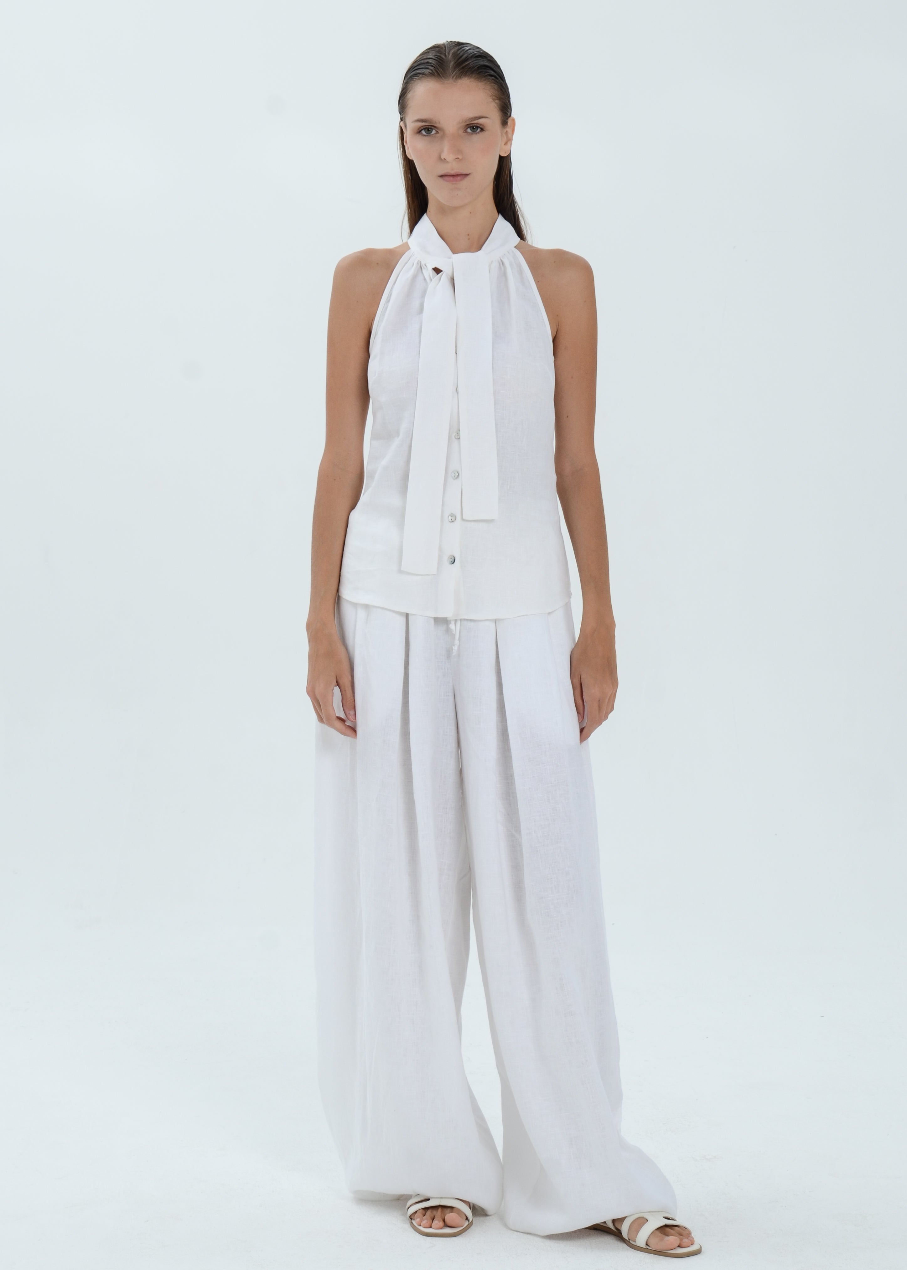 The Essence Linen Top - Button Front Top with Neck Ribbon Tie