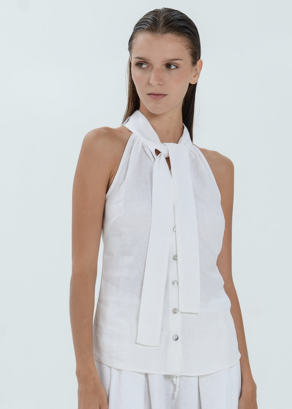 The Essence Linen Top - Button Front Top with Neck Ribbon Tie
