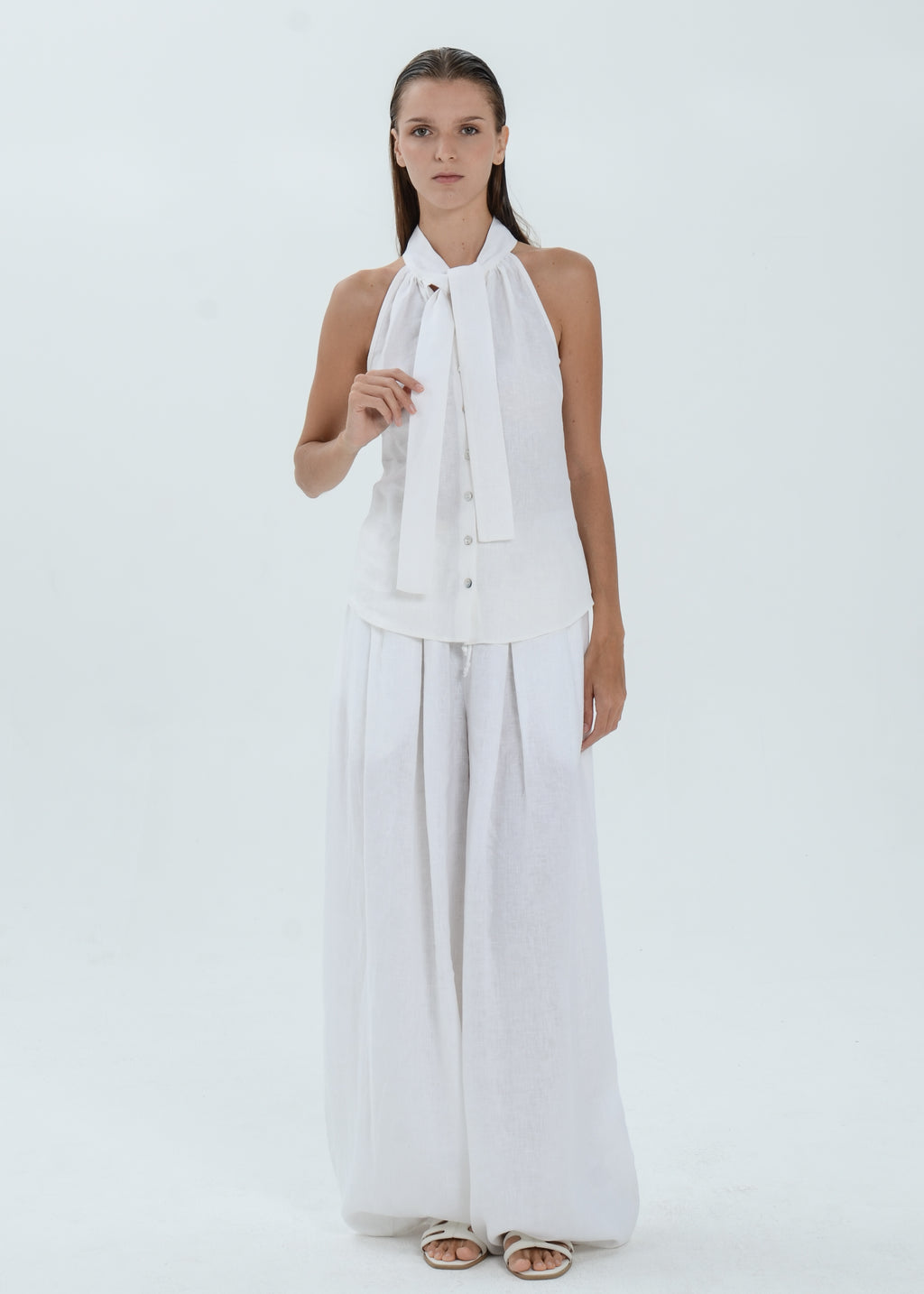 The Essence Linen Top - Button Front Top with Neck Ribbon Tie