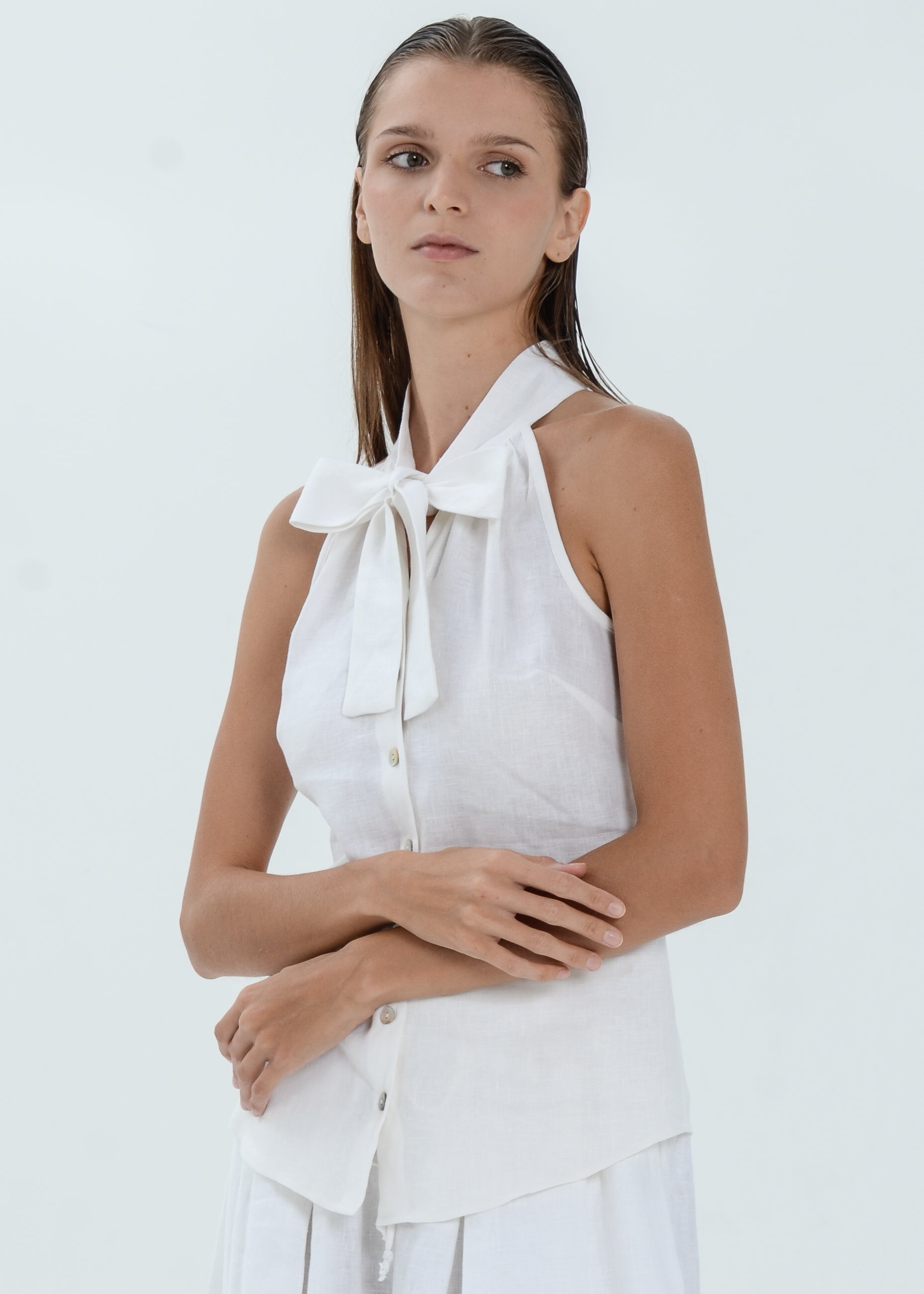 The Essence Linen Top - Button Front Top with Neck Ribbon Tie