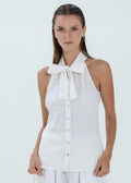 The Essence Linen Top - Button Front Top with Neck Ribbon Tie