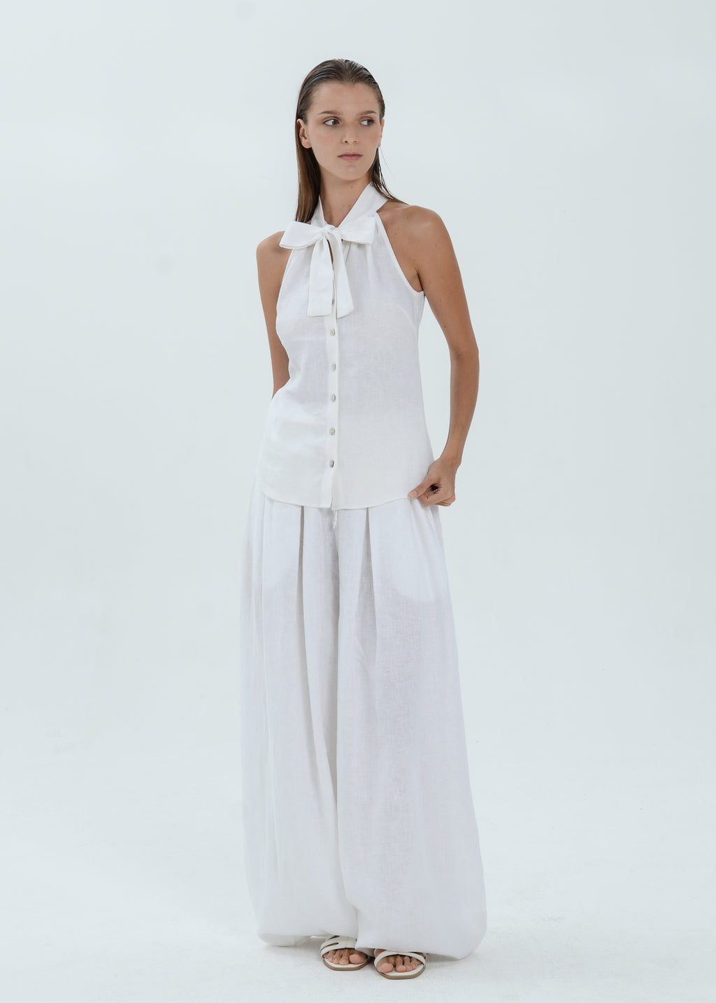 The Essence Linen Top - Button Front Top with Neck Ribbon Tie