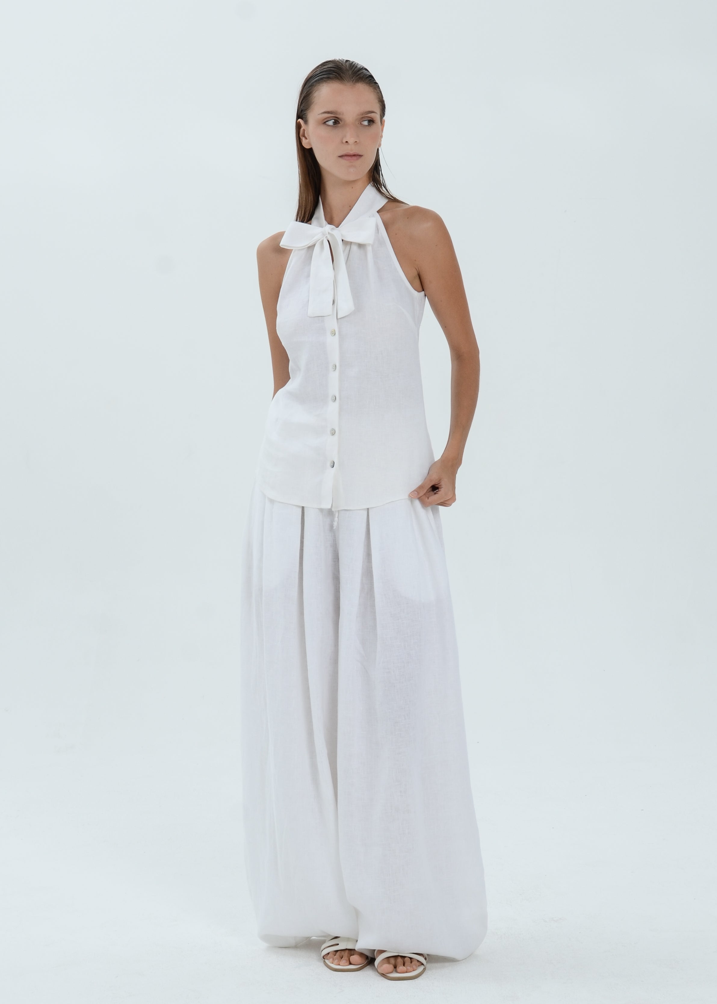 The Essence Linen Top - Button Front Top with Neck Ribbon Tie