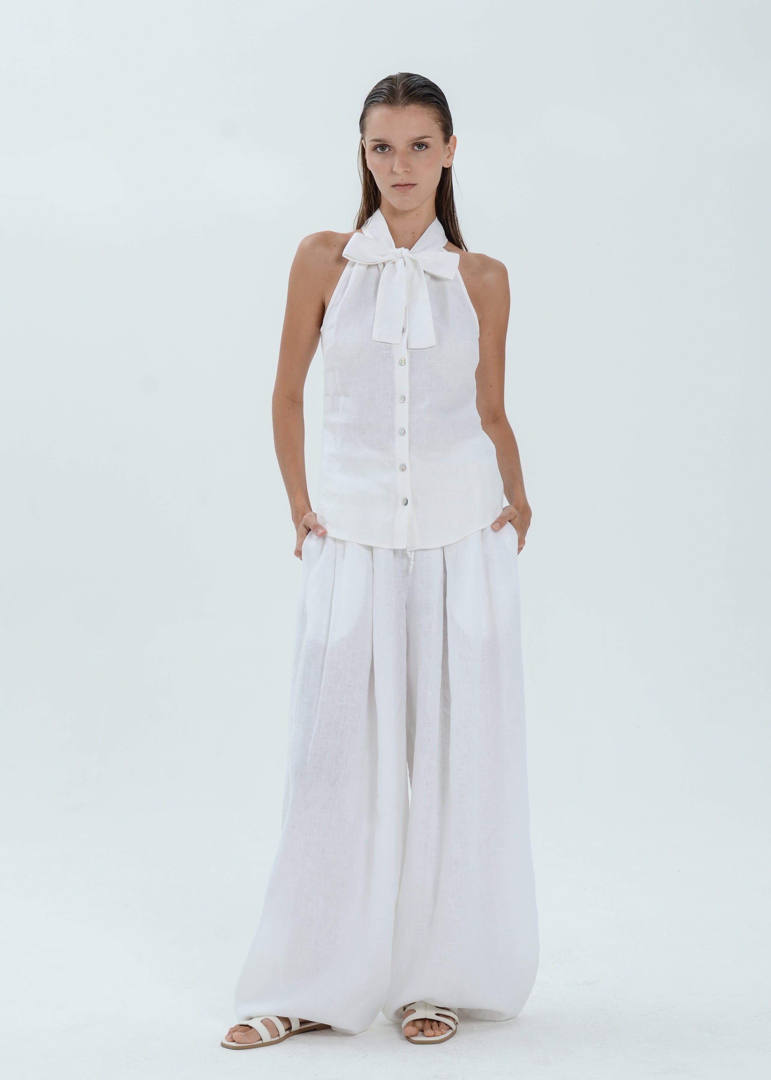 The Essence Linen Top - Button Front Top with Neck Ribbon Tie