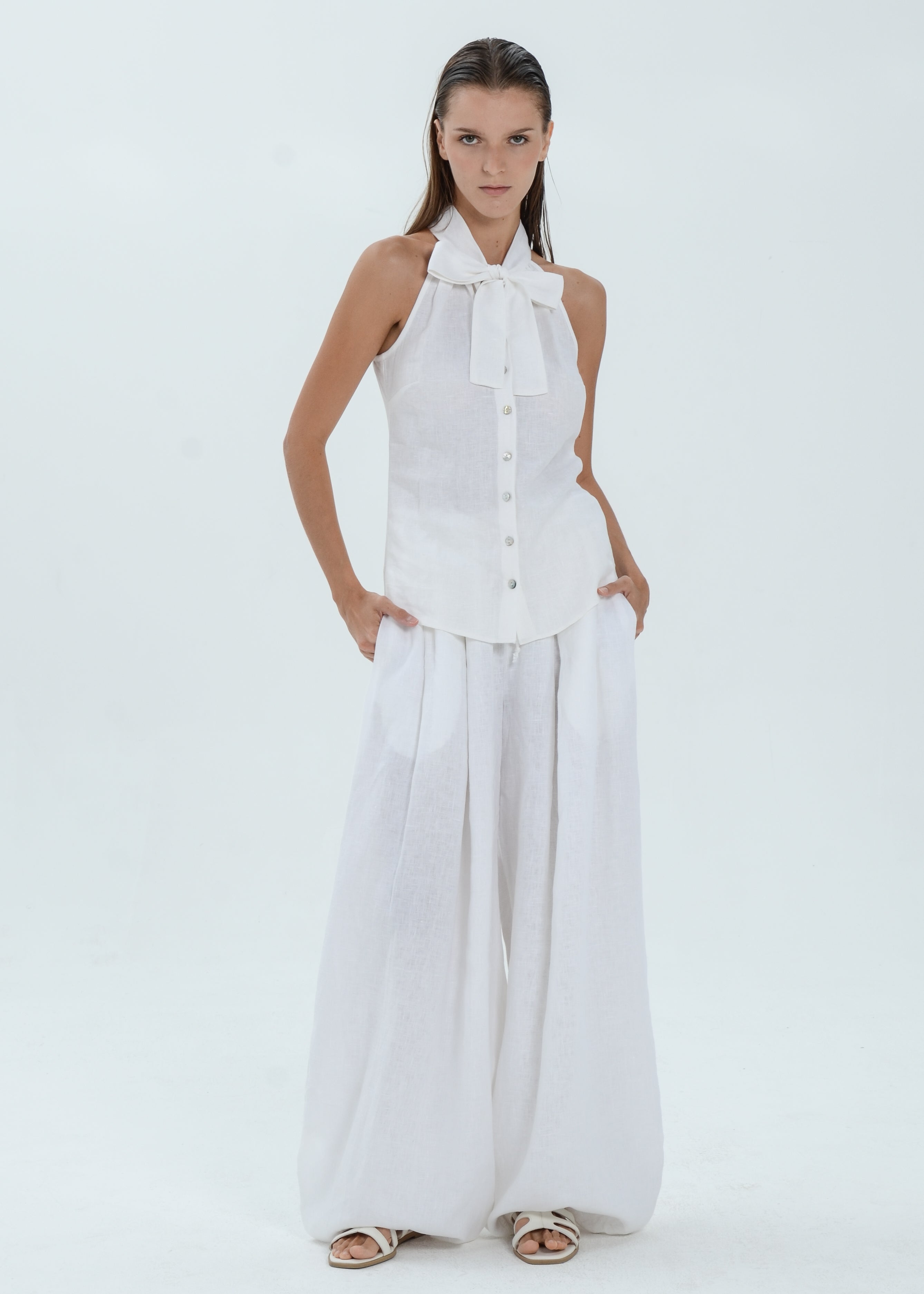 The Essence Linen Top - Button Front Top with Neck Ribbon Tie