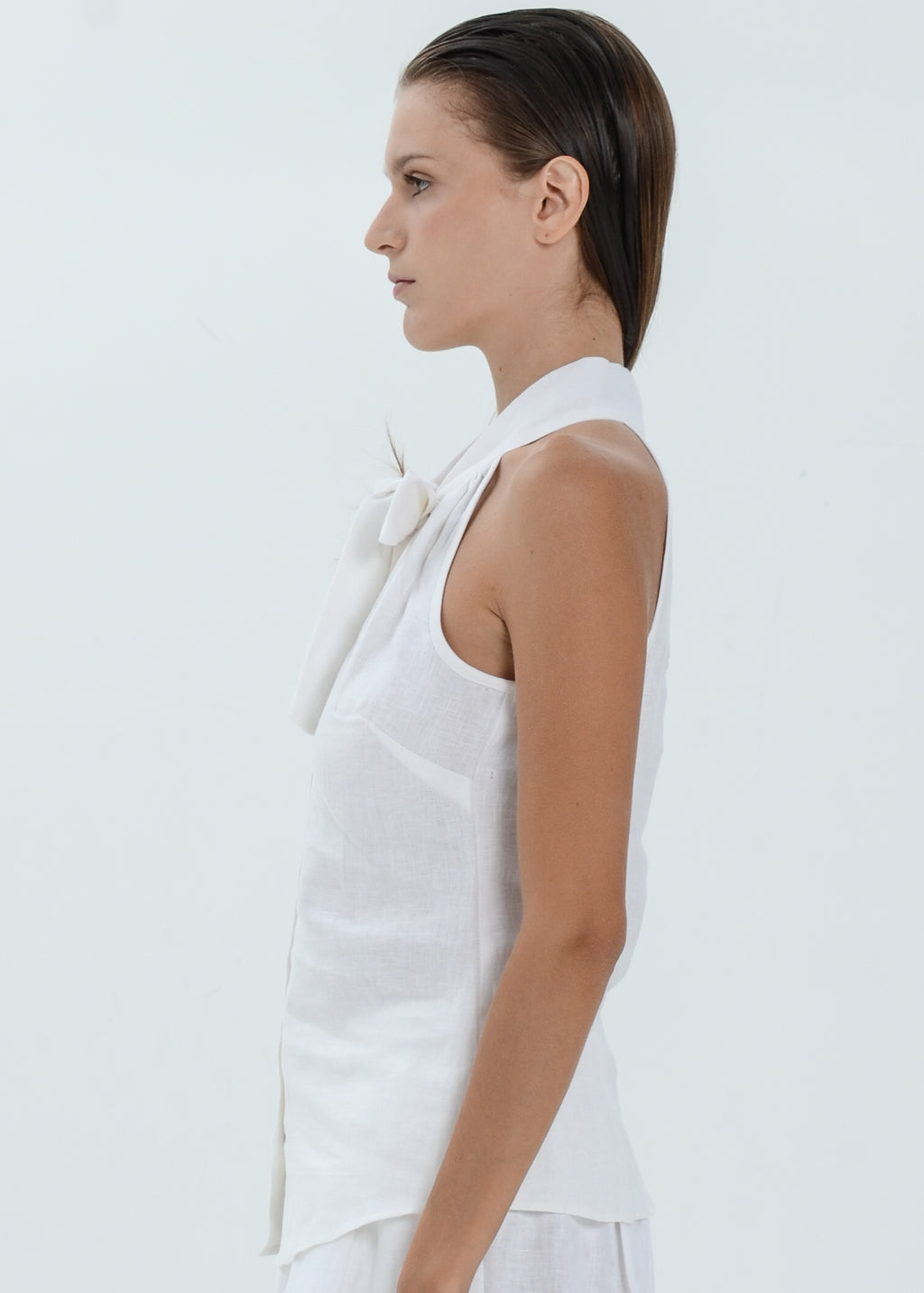 The Essence Linen Top - Button Front Top with Neck Ribbon Tie