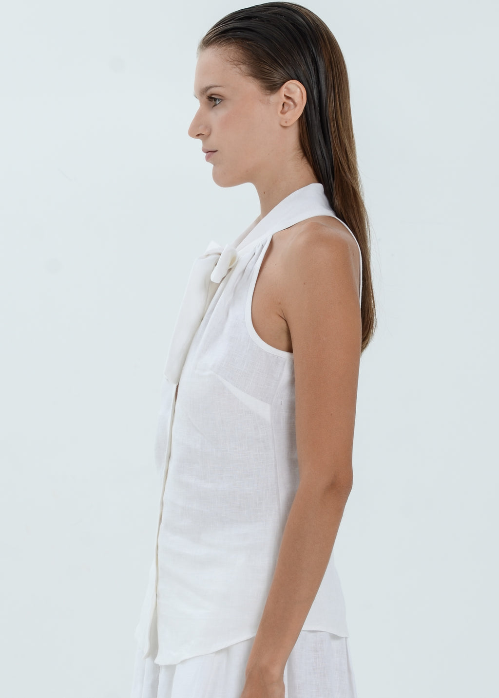 The Essence Linen Top - Button Front Top with Neck Ribbon Tie