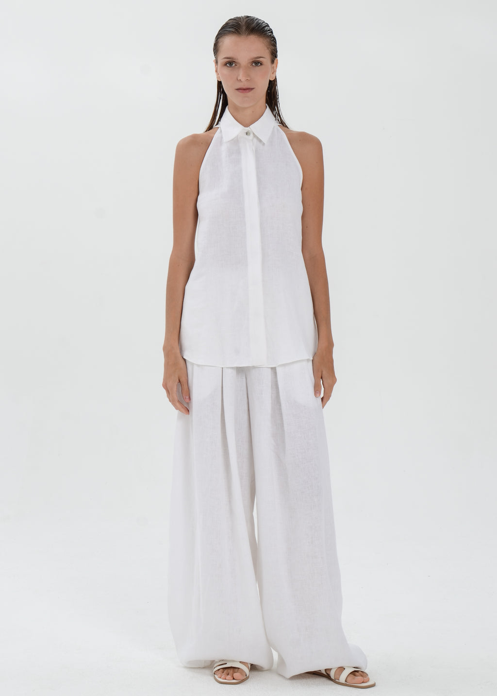 The Essence Linen Top - Collared Blouse with Single Neck Button