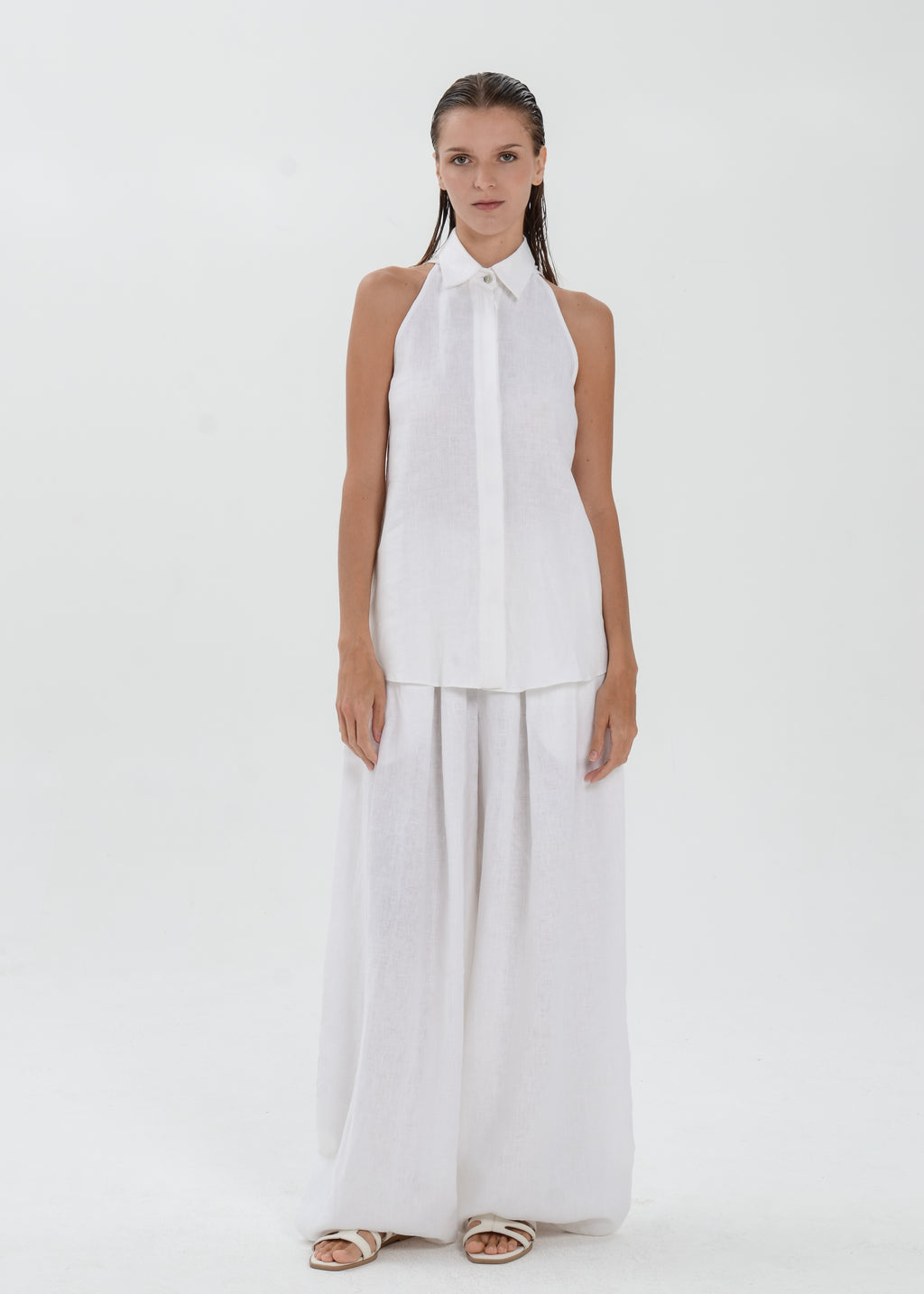 The Essence Linen Top - Collared Blouse with Single Neck Button