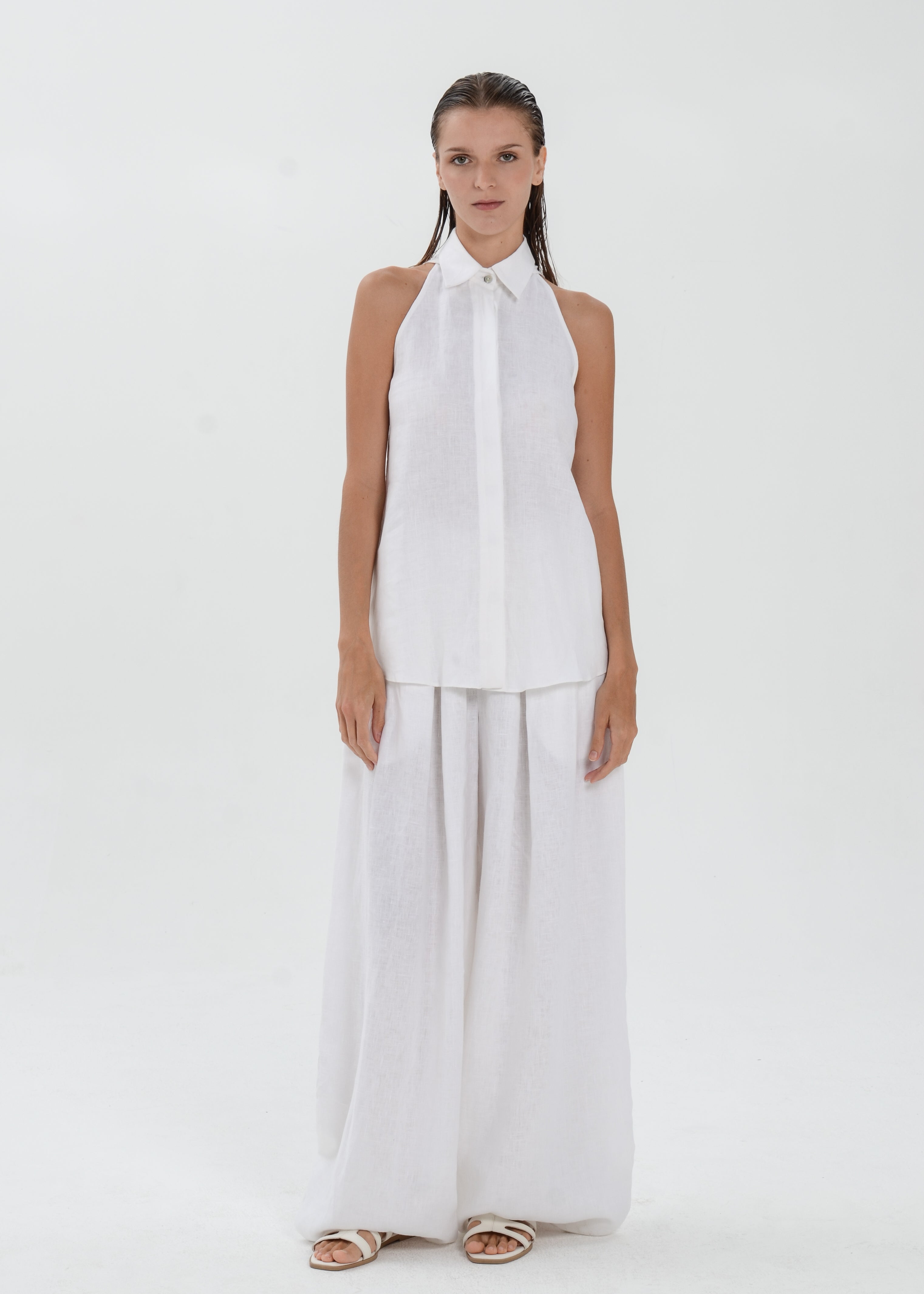 The Essence Linen Top - Collared Blouse with Single Neck Button