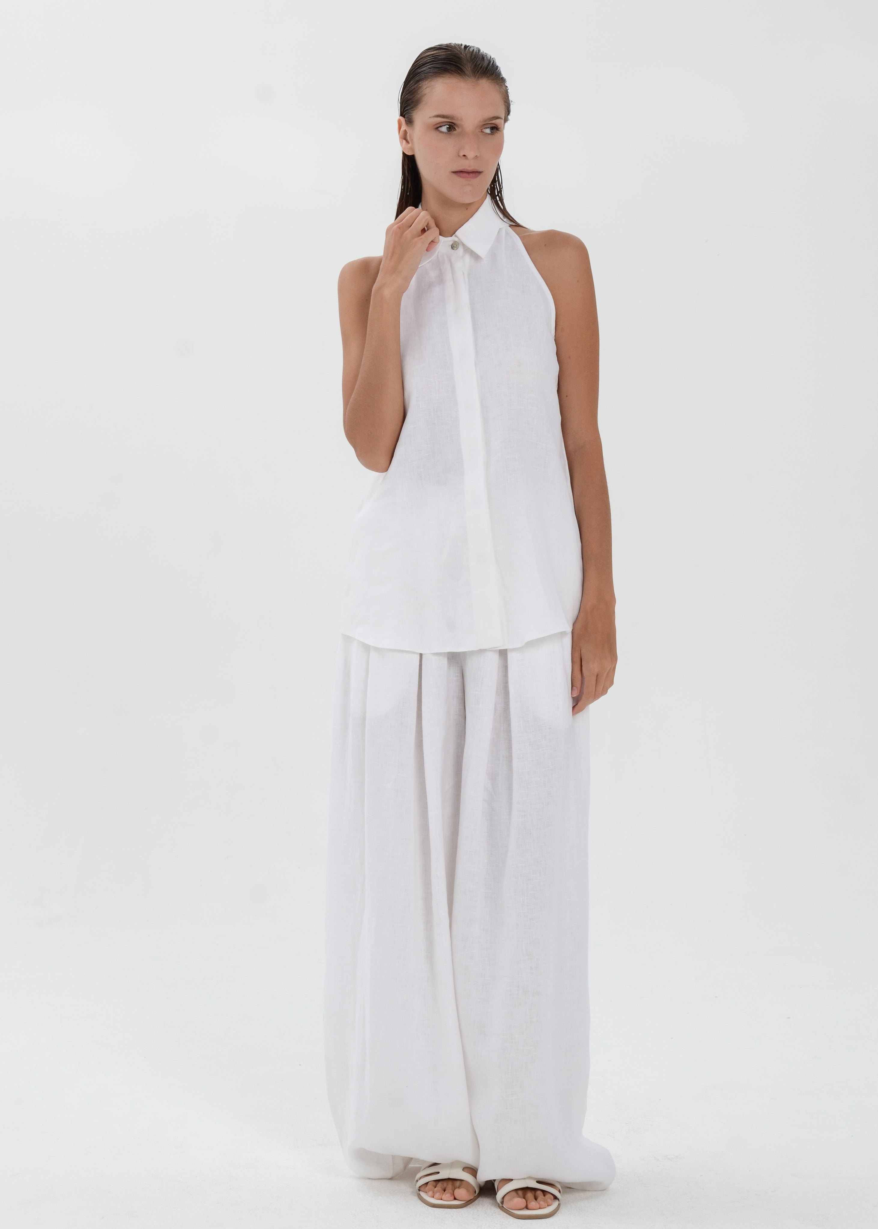 The Essence Linen Top - Collared Blouse with Single Neck Button