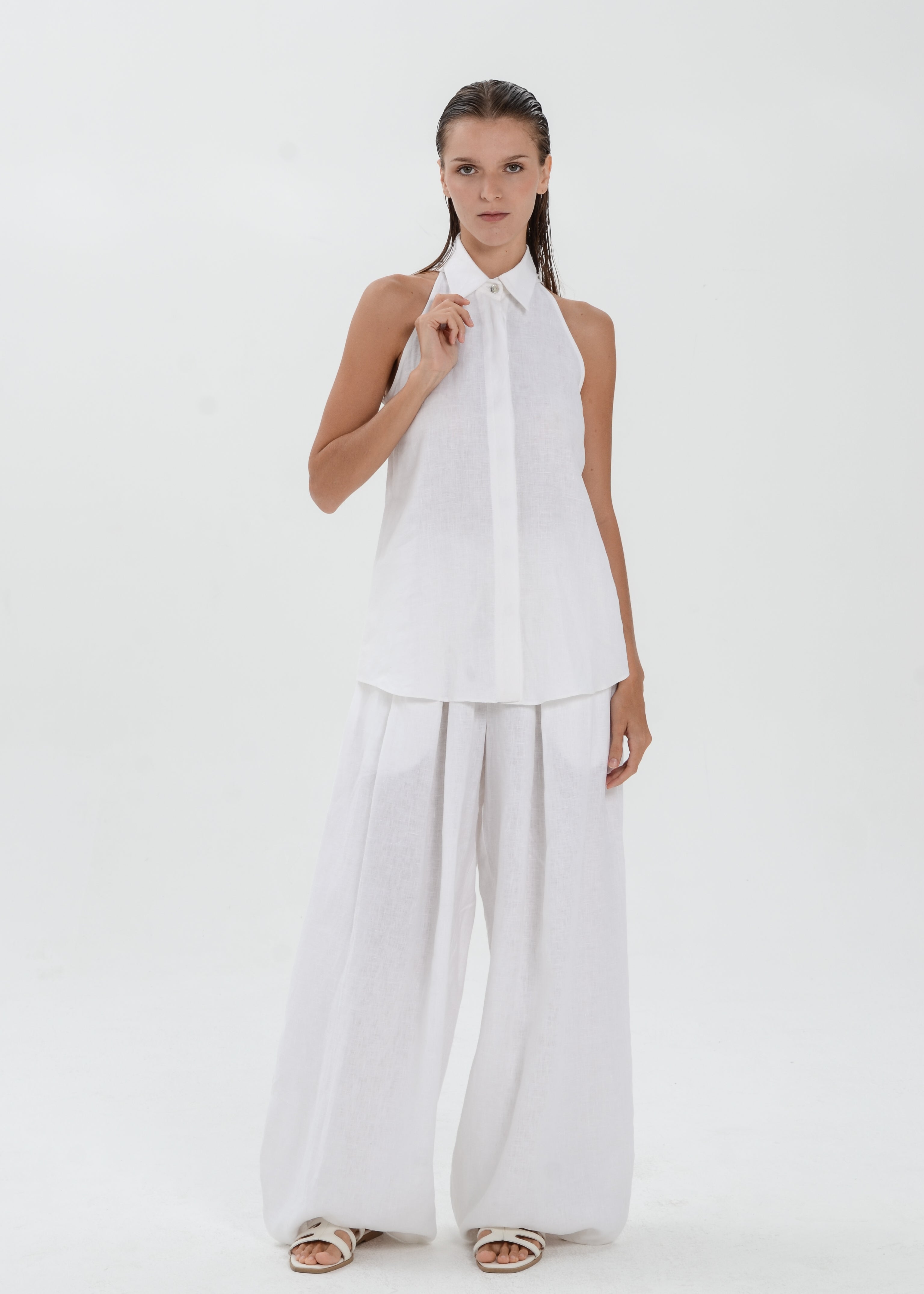 The Essence Linen Top - Collared Blouse with Single Neck Button