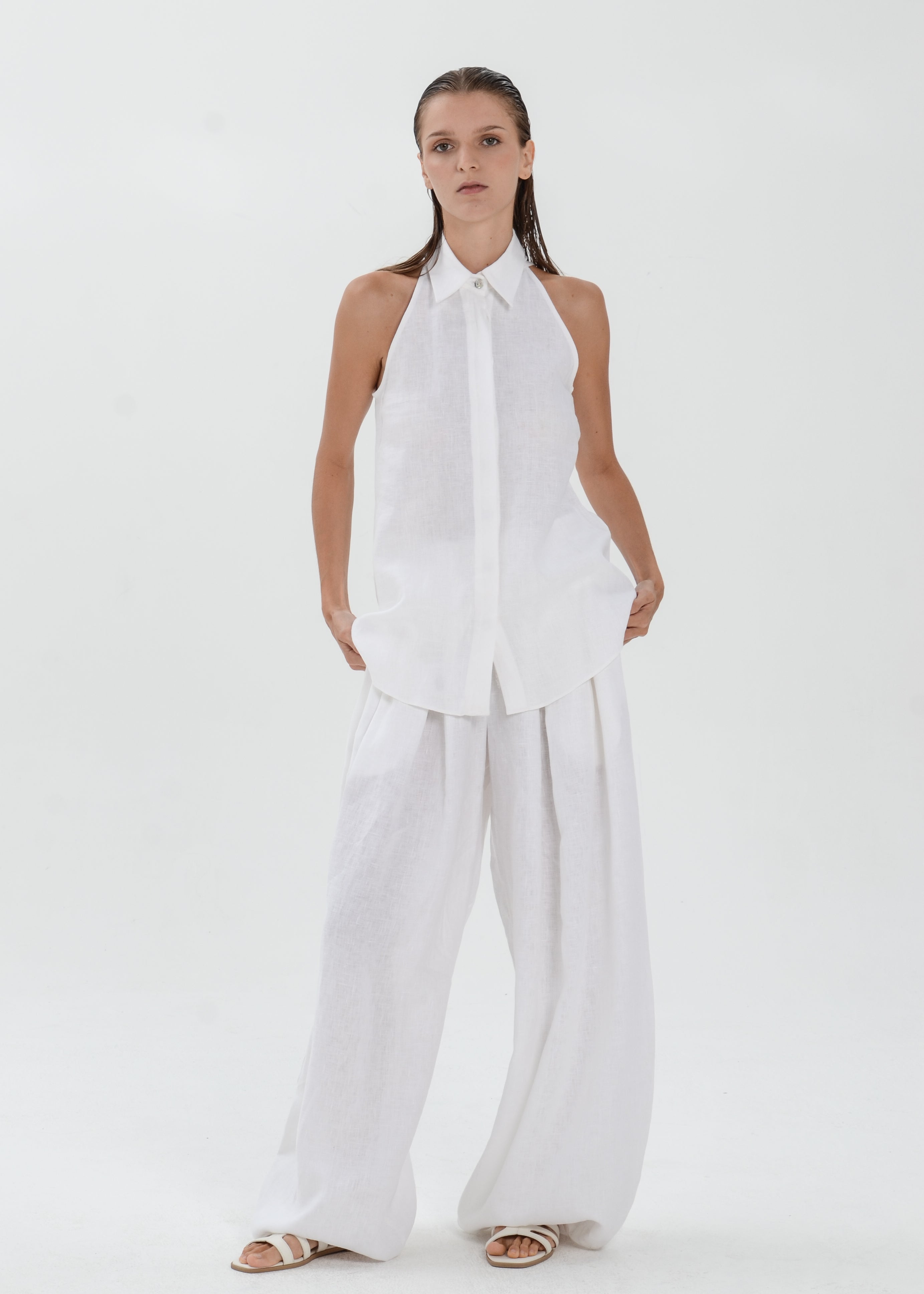 The Essence Linen Top - Collared Blouse with Single Neck Button