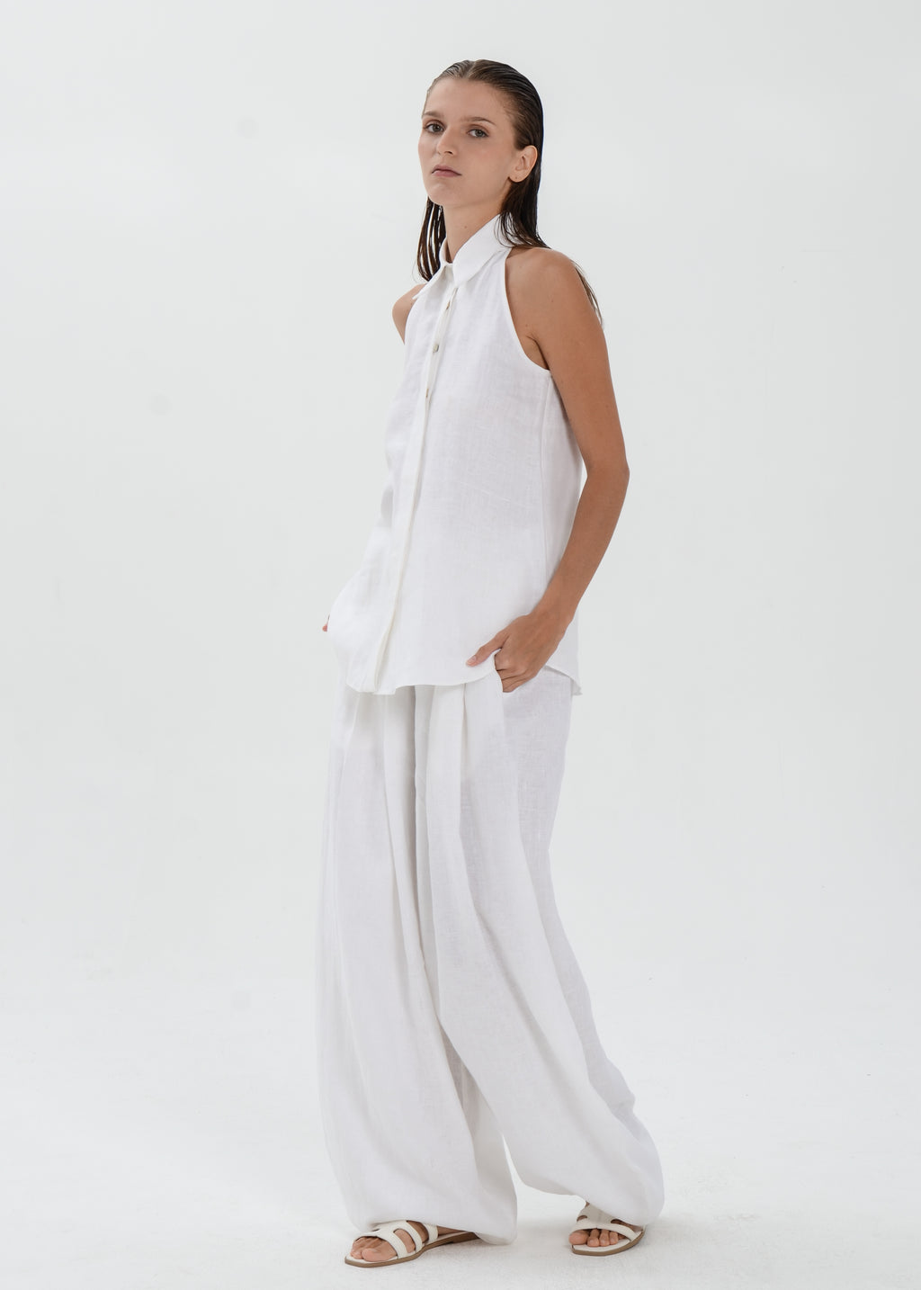 The Essence Linen Top - Collared Blouse with Single Neck Button