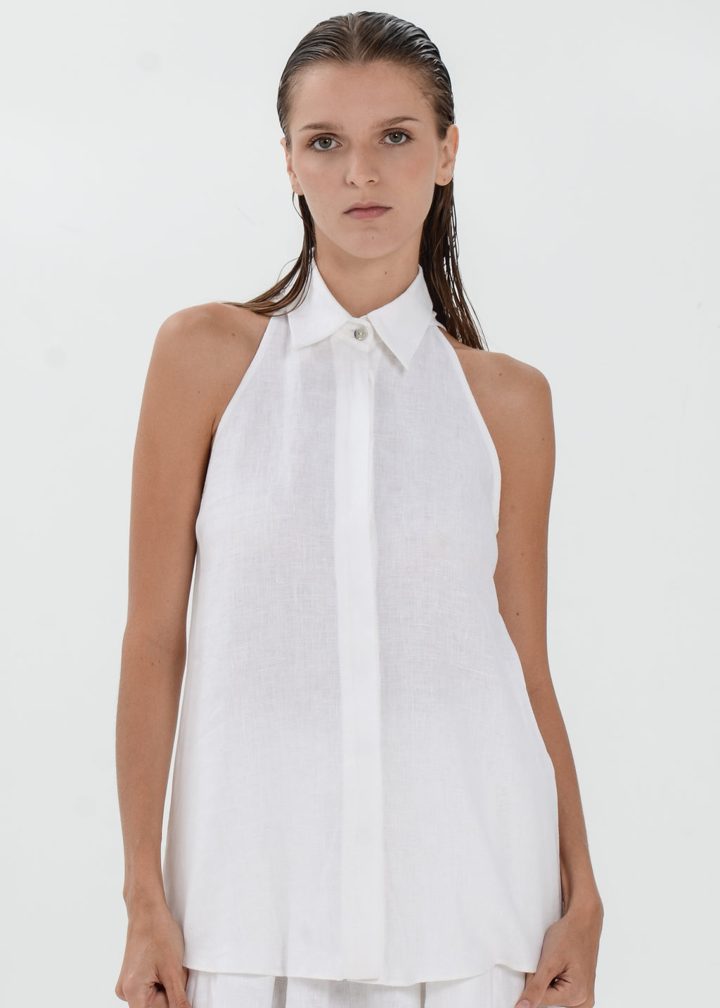 The Essence Linen Top - Collared Blouse with Single Neck Button