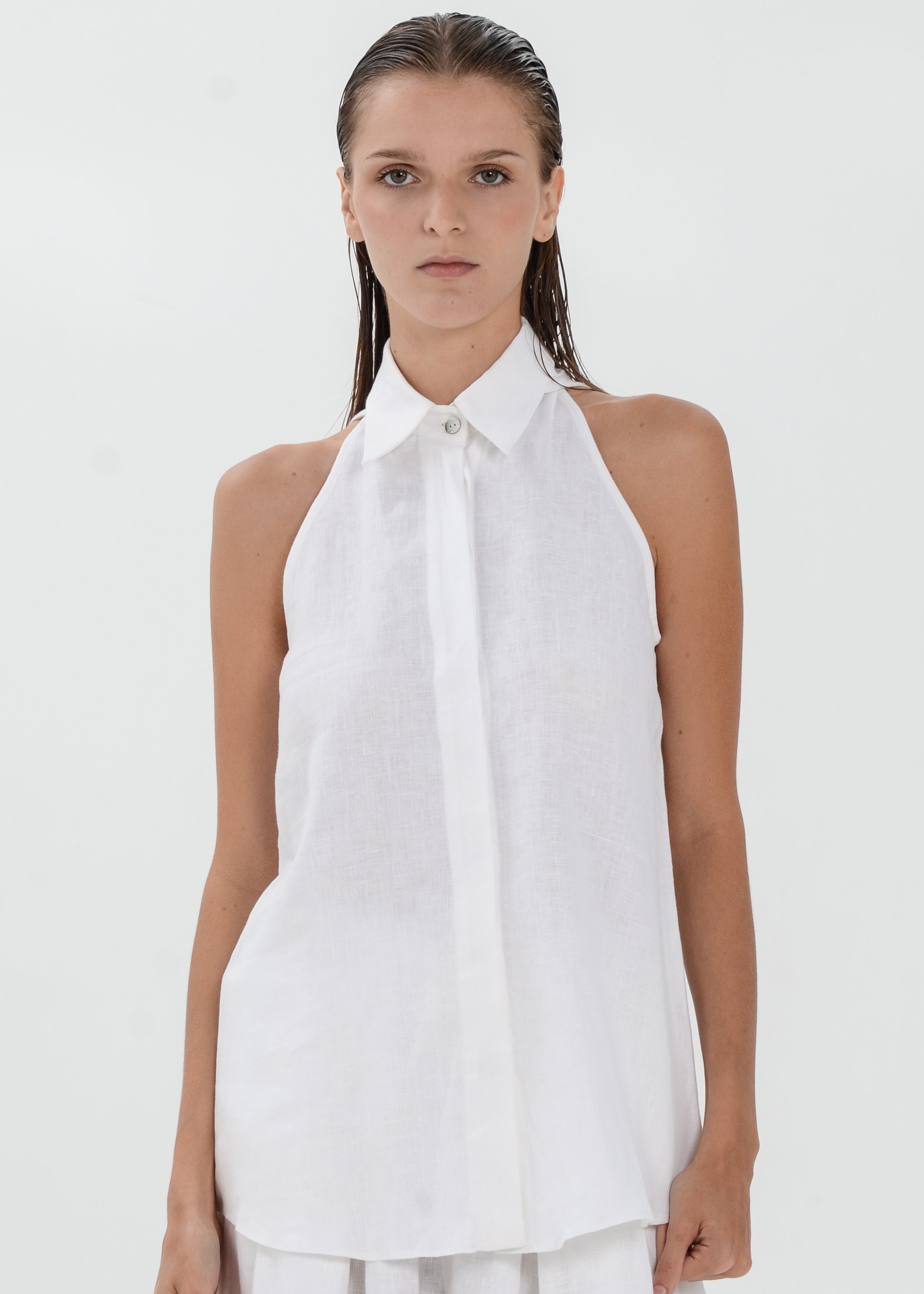 The Essence Linen Top - Collared Blouse with Single Neck Button